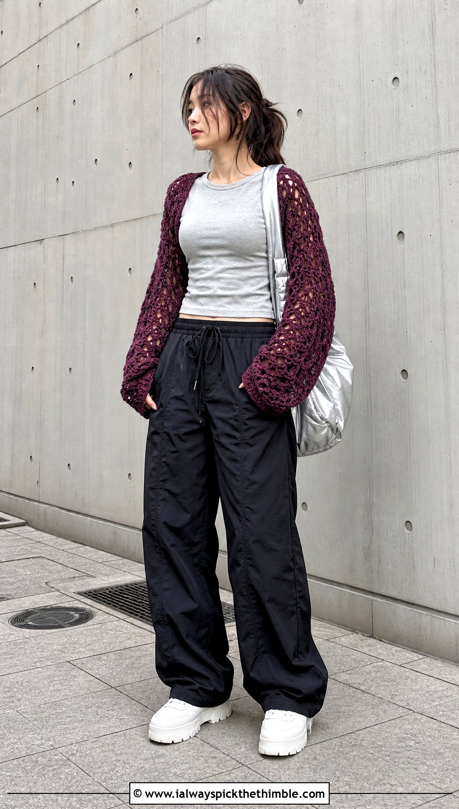 Crochet Shrug With T Shirt And Parachute Pants - 20 Diy Crochet Outfits ideas