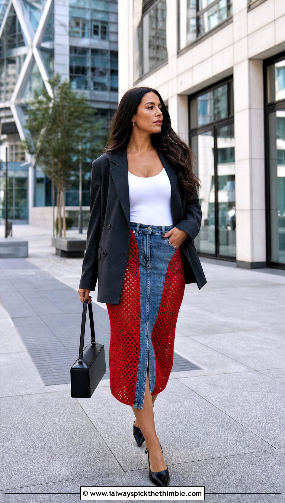 Crochet Side Panel Denim Skirt With Oversized Blazer - 20 denim crochet skirt outfit ideas