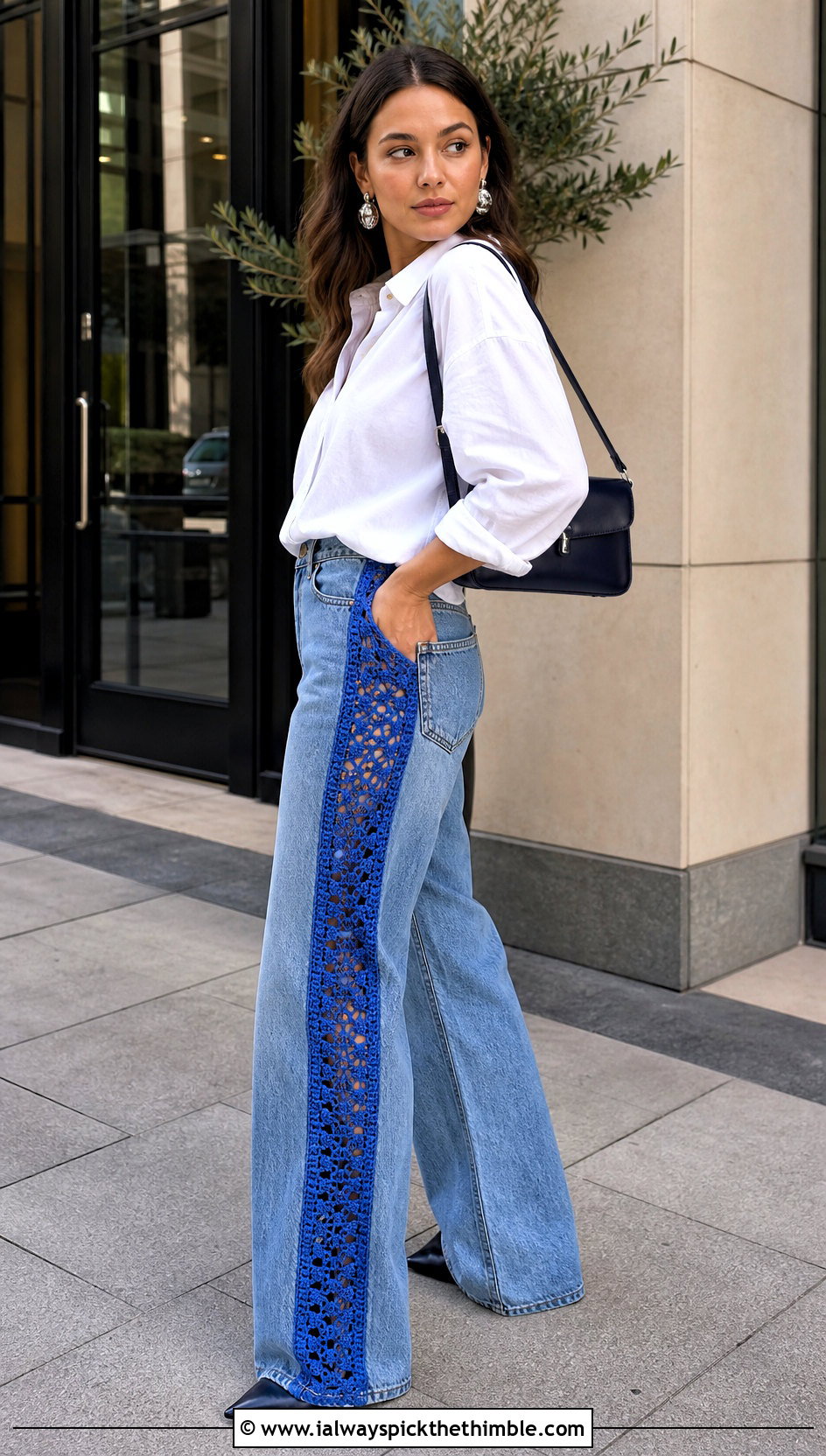 Crochet Side Panel Wide Leg Jeans With White Shirt - 20 crochet denim pants outfit ideas