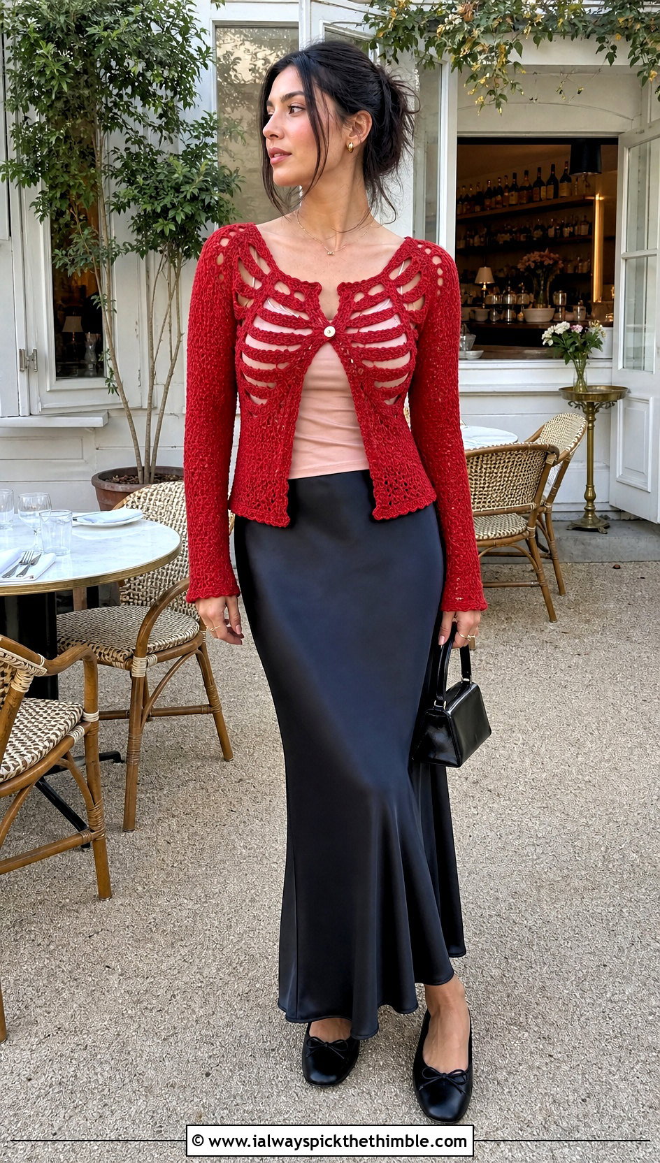Crochet Skeleton Cardigan Sweater With Satin Maxi Skirt - 20 Crochet Skeleton Sweater outfit ideas