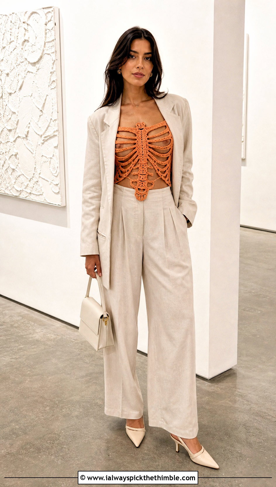 Crochet Skeleton Corset Top With Wide Leg Trousers - 25 crochet skeleton top outfit ideas