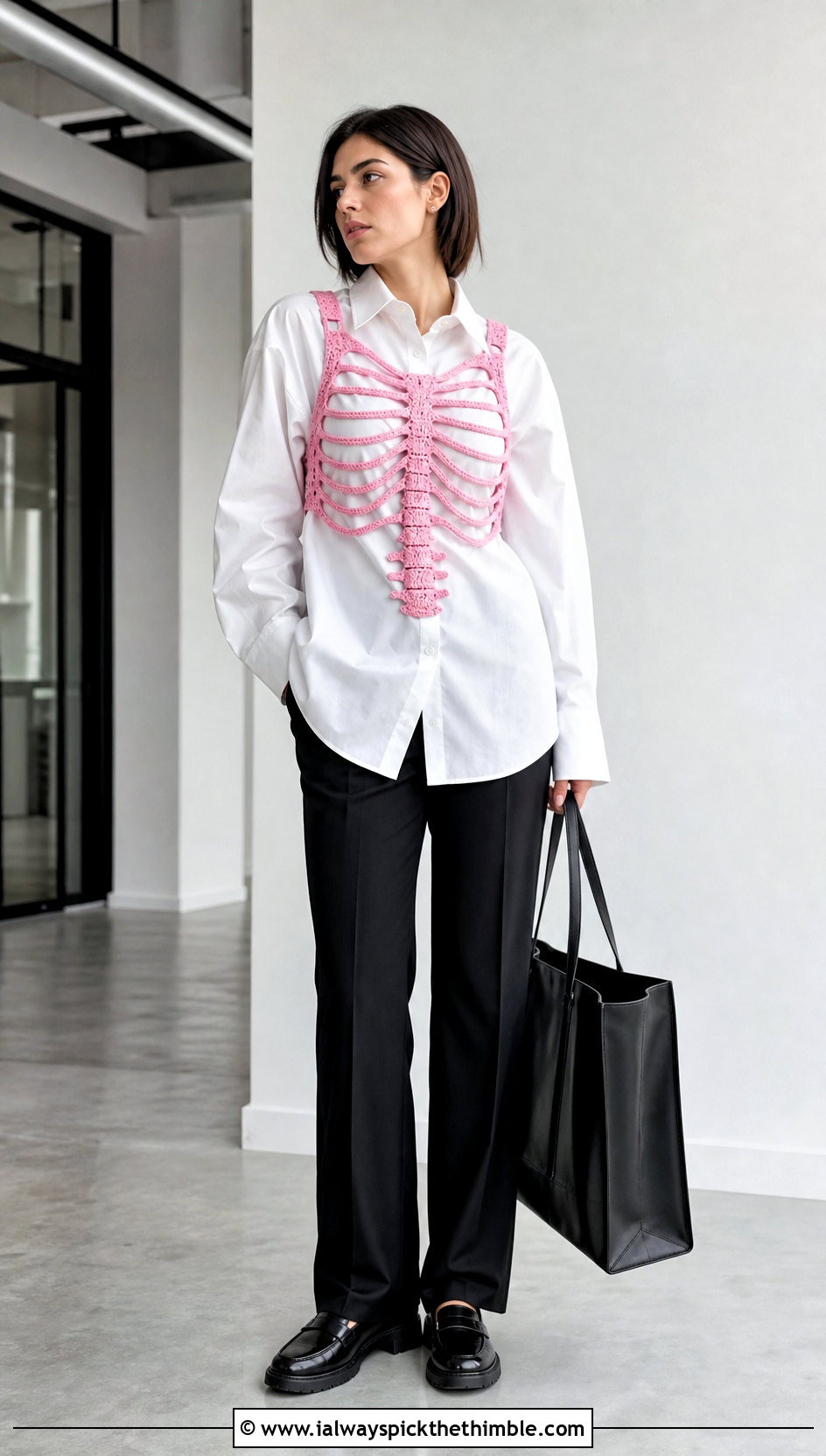 Crochet Skeleton Harness Top Over A Button Down Shirt - 25 crochet skeleton top outfit ideas