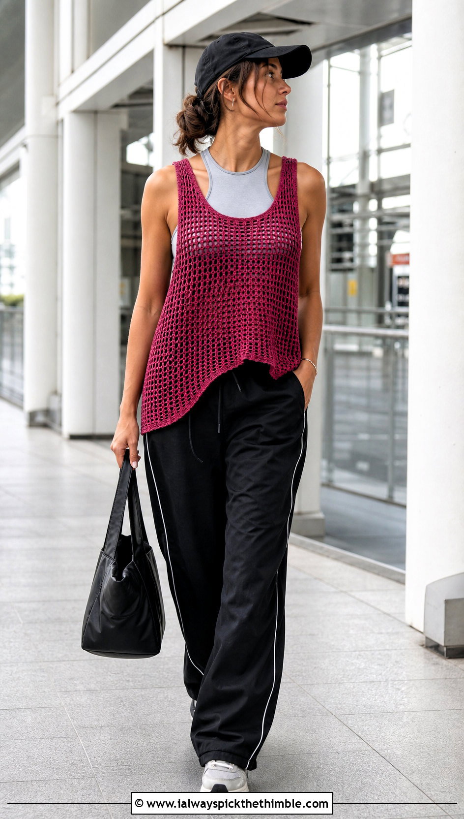 Crochet Skeleton Muscle Tank Top With Track Pants - 25 crochet skeleton top outfit ideas