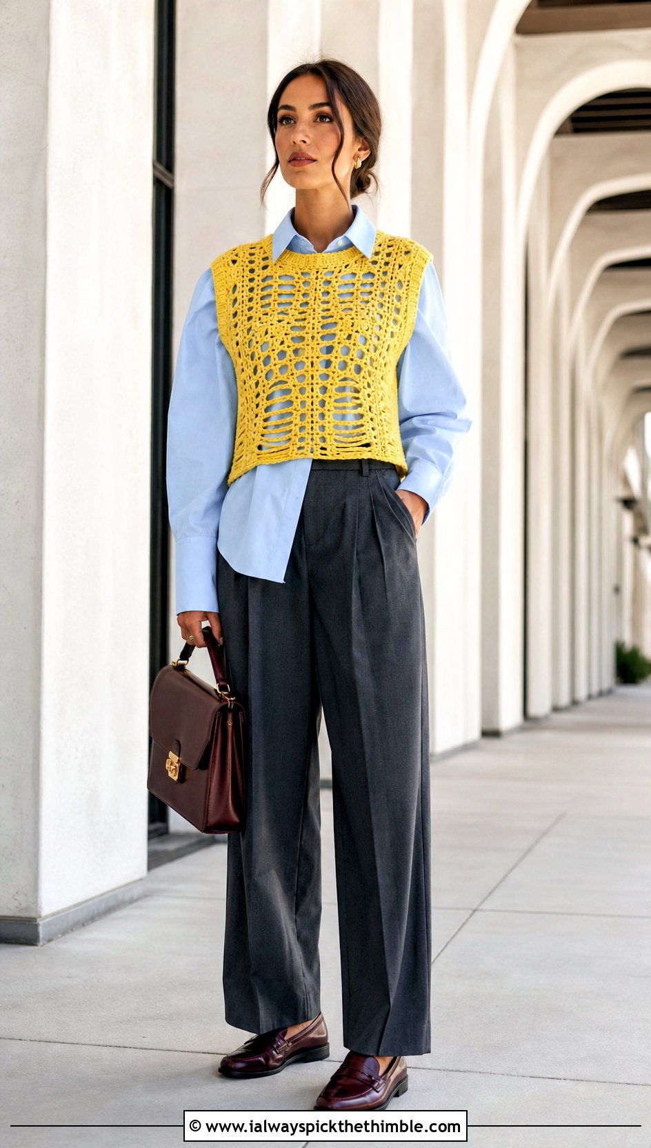 Crochet Skeleton Sweater Vest Top With Pleated Trousers - 25 crochet skeleton top outfit ideas
