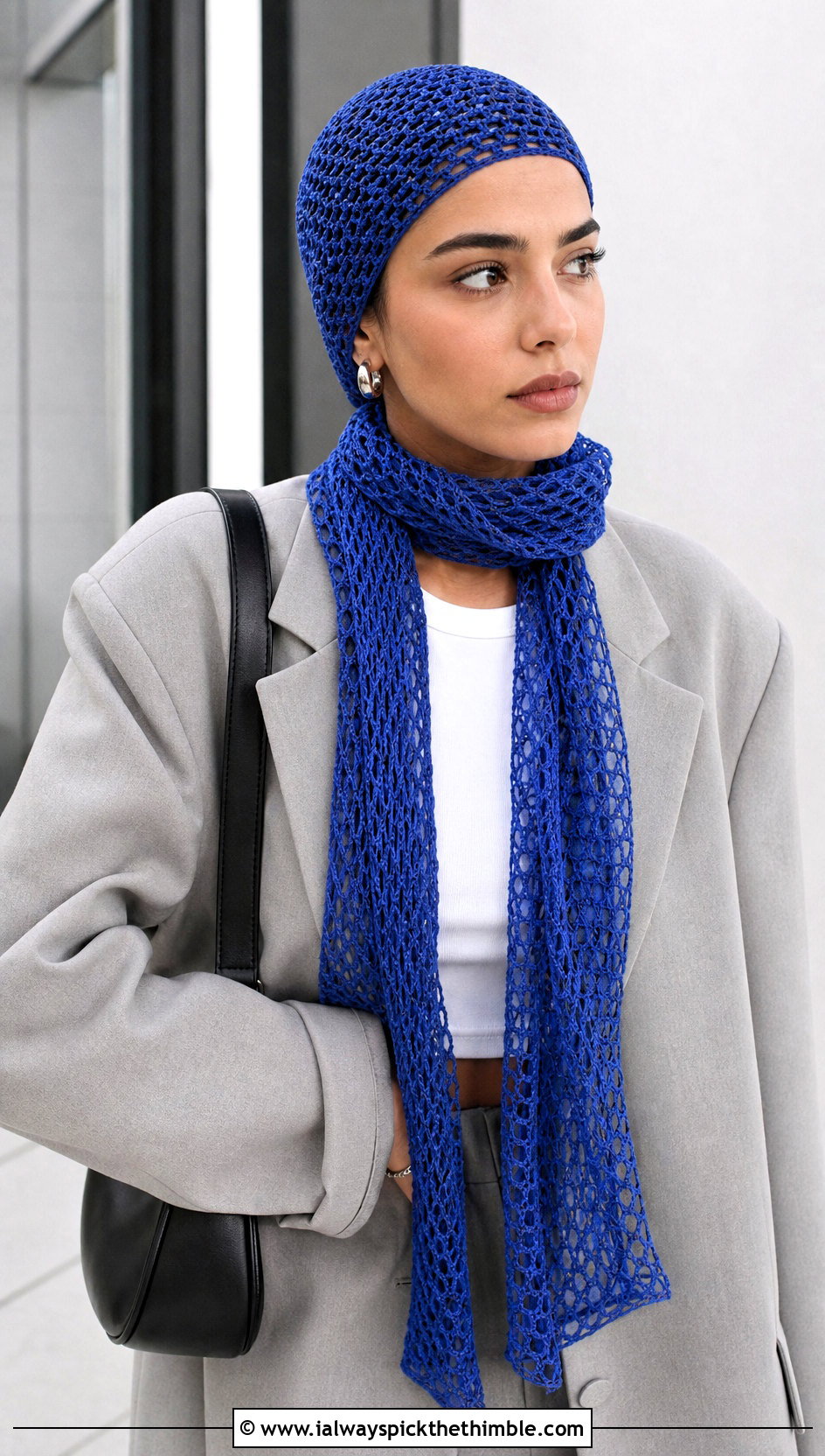Crochet Skull Cap And Mesh Scarf With Oversized Suit - 20 Crochet Scarf And Hat Set outfit ideas