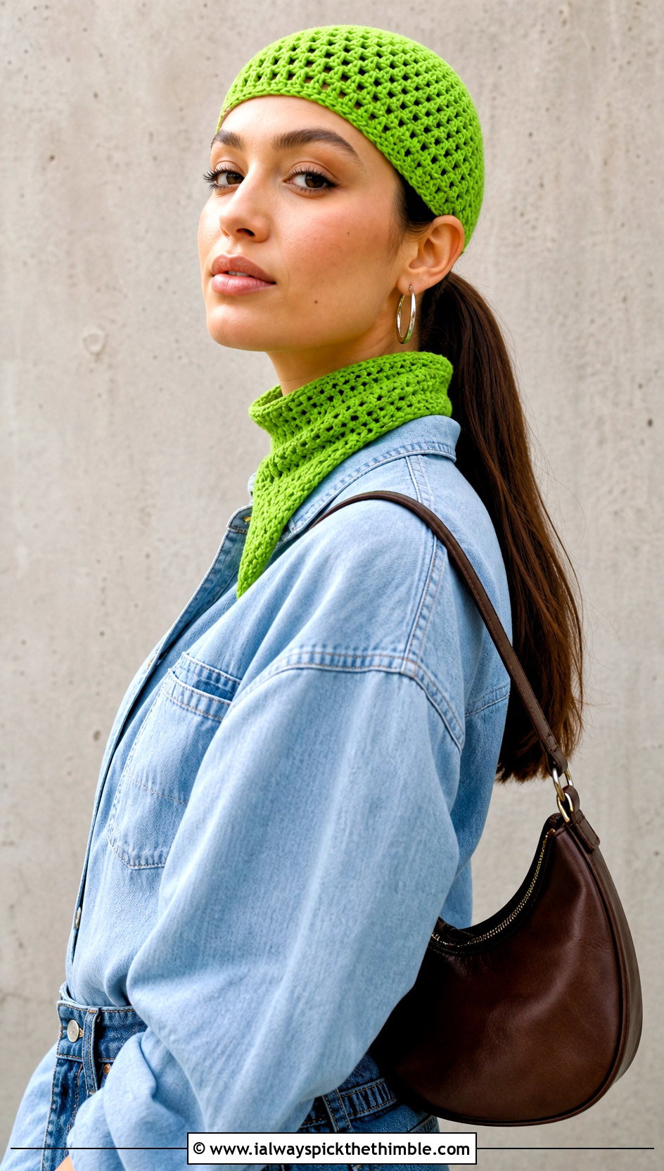 Crochet Skull Cap And Neckerchief Scarf With Denim Shirt - 20 crochet hat and scarf outfit ideas