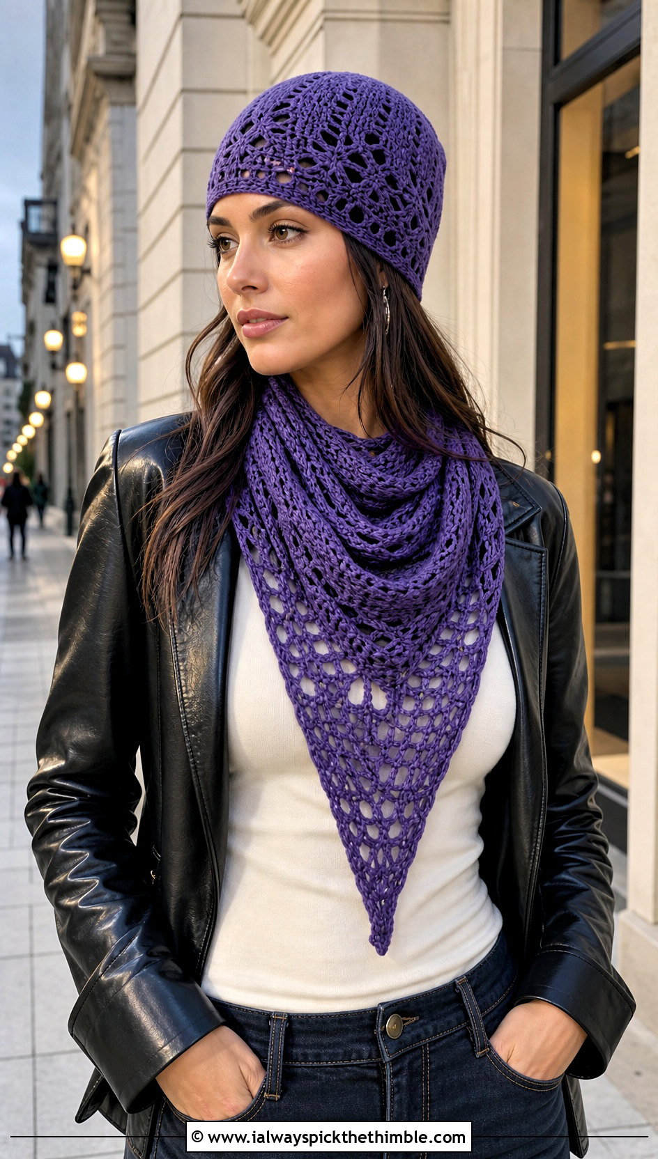 Crochet Skull Cap And Triangle Scarf With Leather Jacket - 20 crochet scarf hat combo outfit ideas