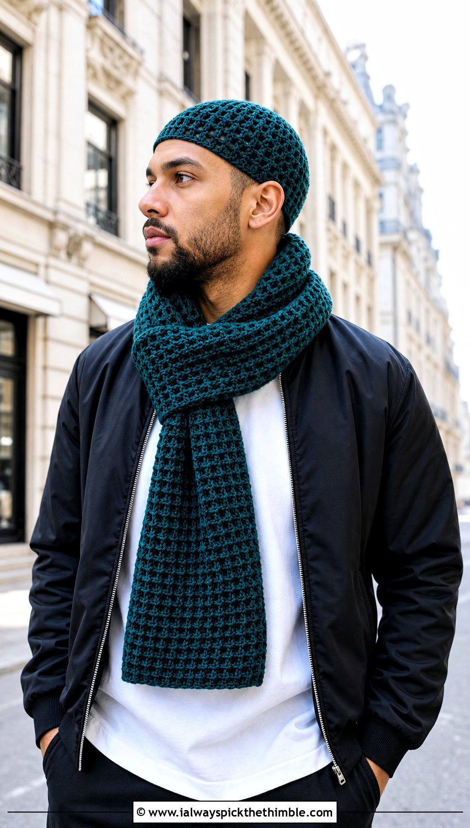 Crochet Skull Cap And Waffle Stitch Scarf With Bomber Jacket - 20 Crochet Mens Hat And Scarf outfit ideas