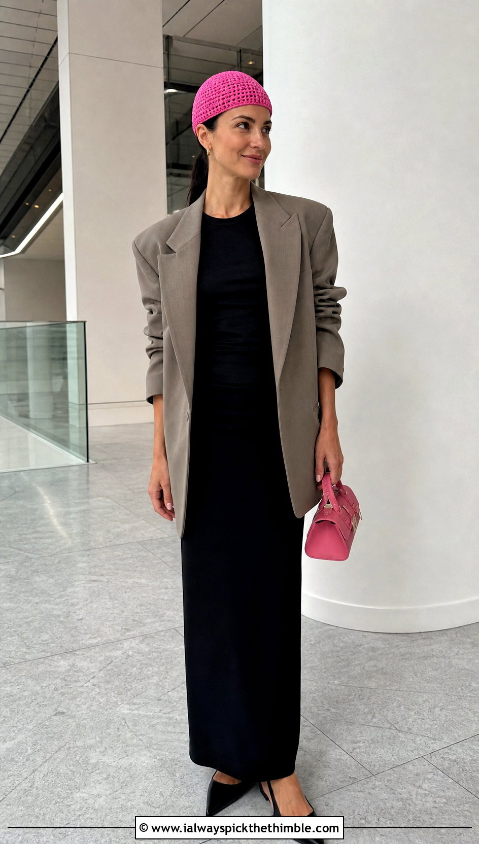 Crochet Skull Cap Beanie With Blazer And Column Skirt - 20 Fast Crochet Beanie outfit ideas