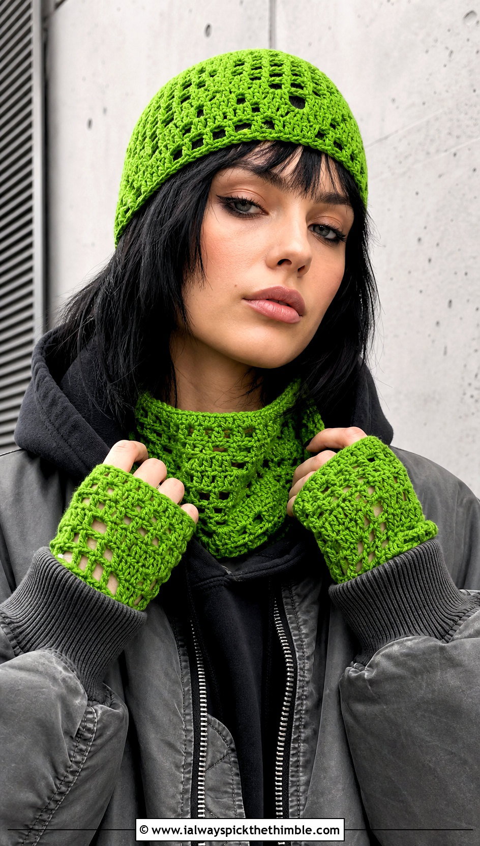 Crochet Skull Cap Neck Scarf And Fingerless Gloves With Bomber Jacket - 20 crochet hat scarf gloves set outfit ideas