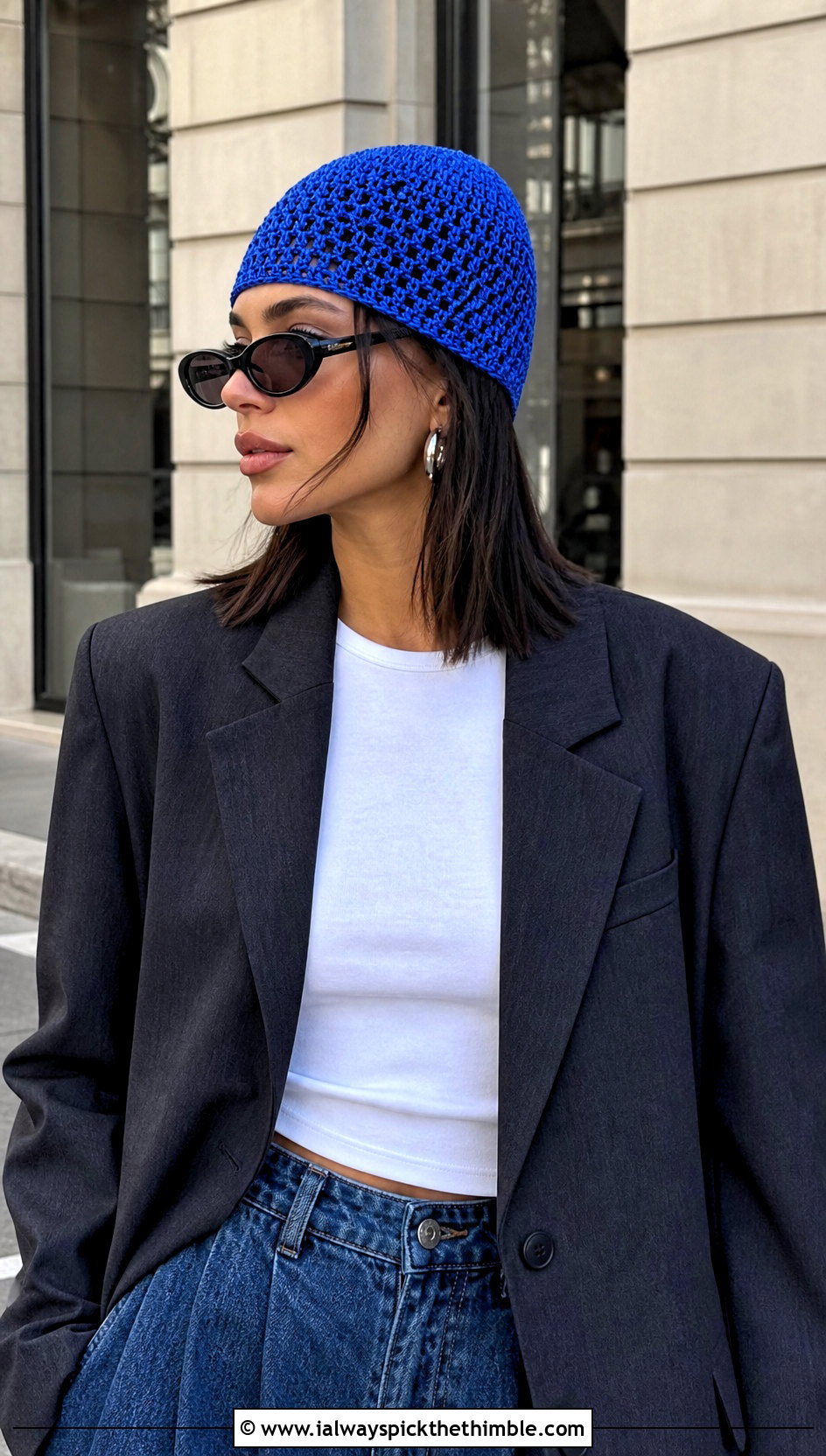 Crochet Skull Cap With Blazer And Wide Leg Jeans - 15 Crochet Hats All Sizes outfit ideas