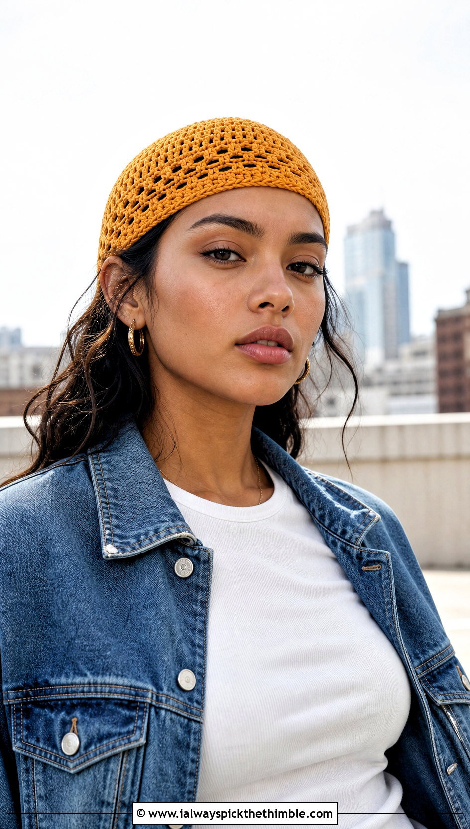 Crochet Skull Cap With Denim Jacket And Column Skirt - 25 crochet clothes and accessories outfit ideas