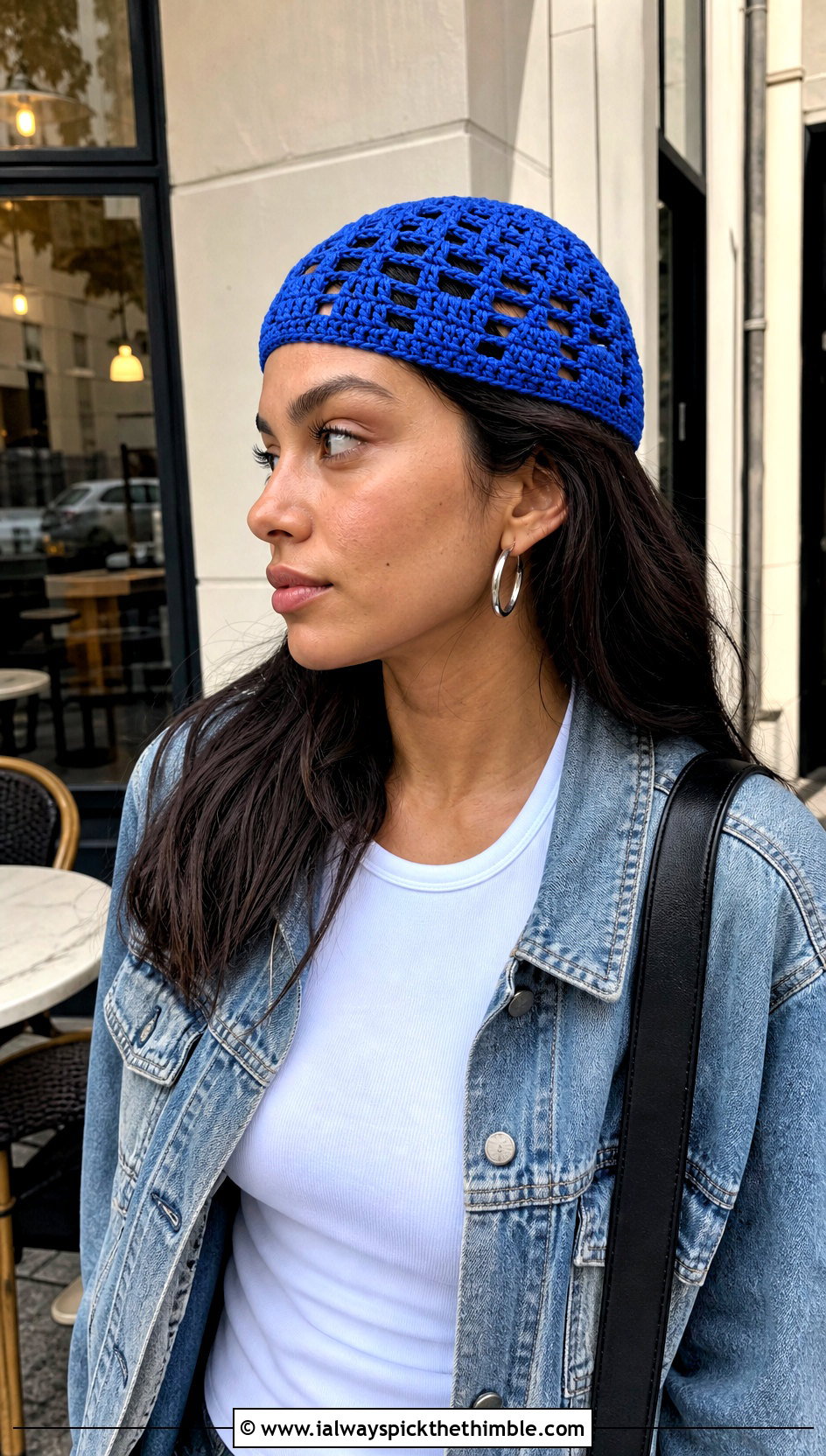 Crochet Skull Cap With Denim Jacket - 25 crocheted hats outfit ideas