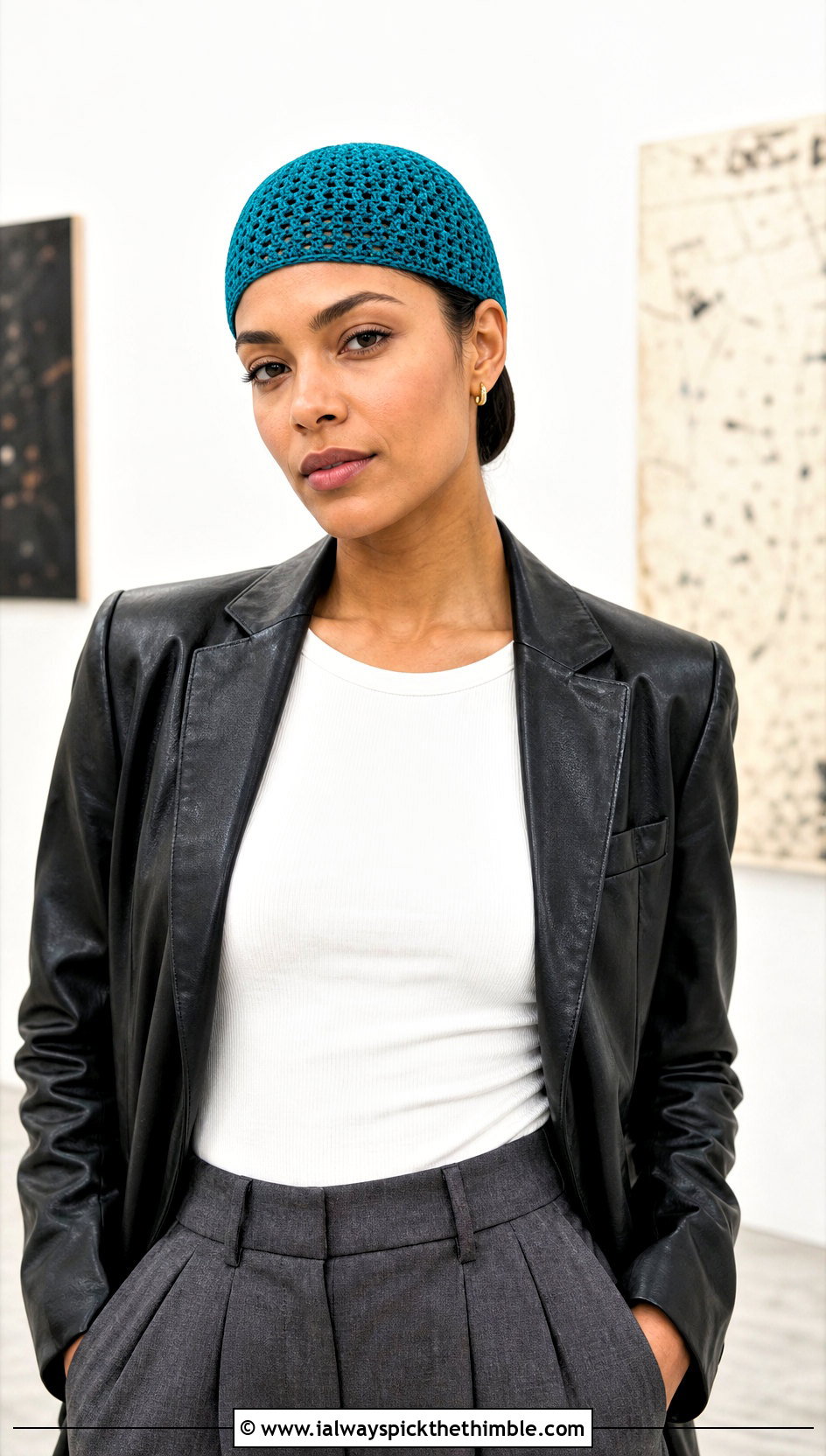 Crochet Skull Cap With Leather Blazer And Trousers - 25 Crochet Hat Inspo outfit ideas