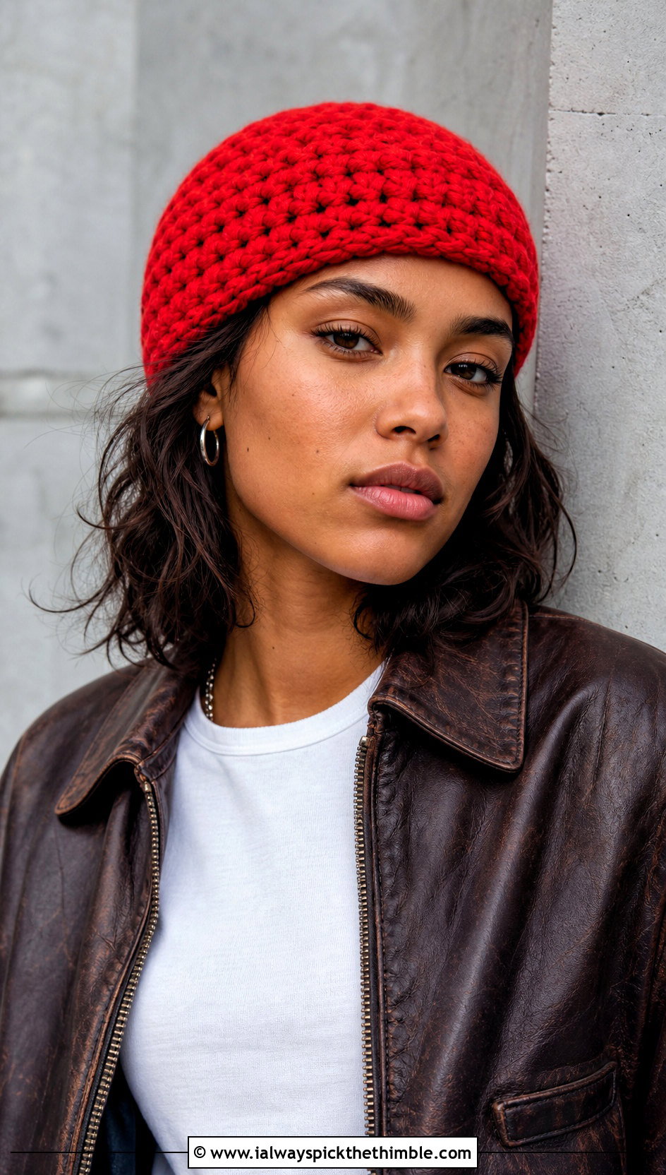 Crochet Skull Cap With Leather Bomber Jacket - 15 Crochet Hat With Super Bulky Yarn outfit ideas