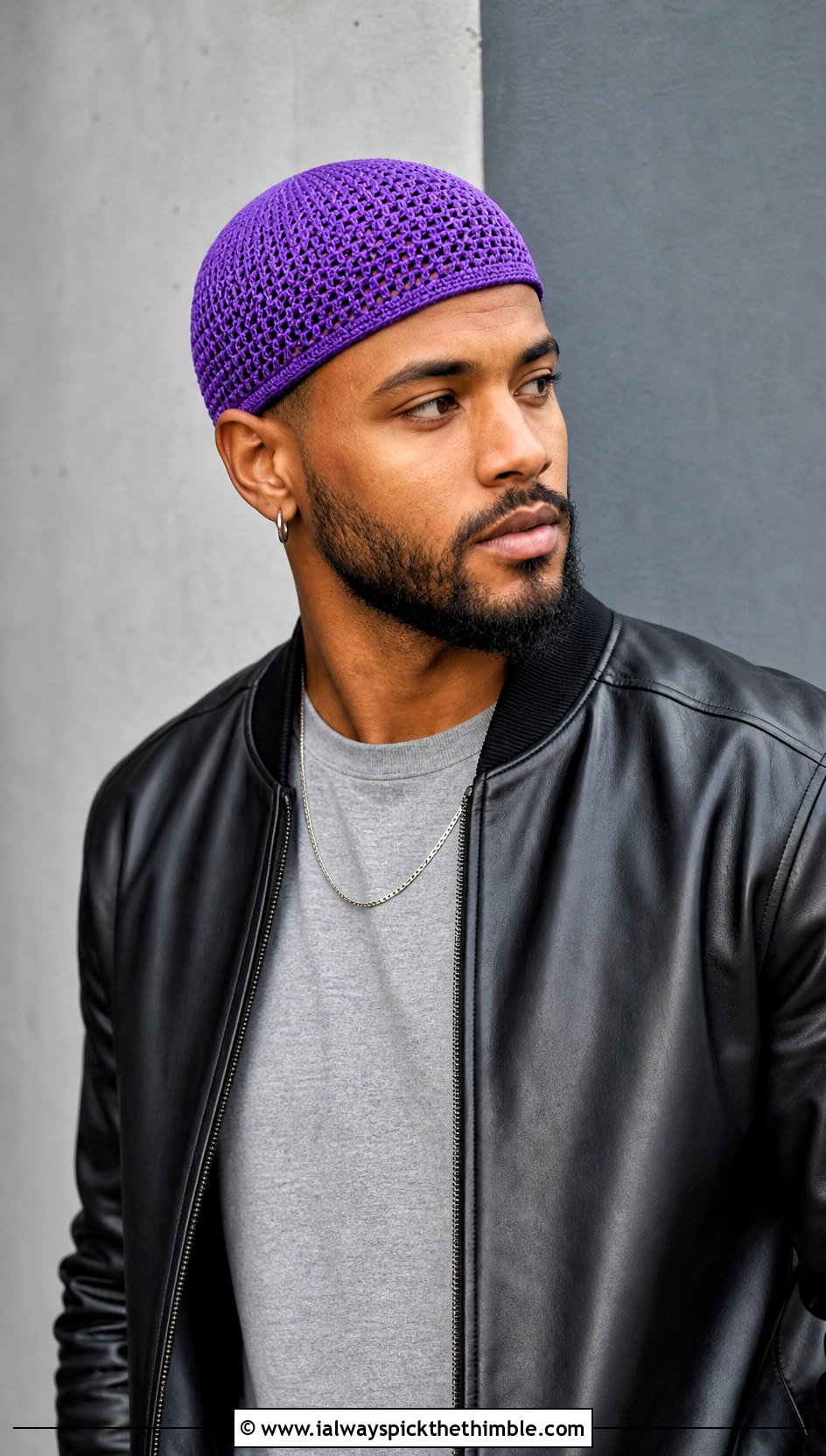 Crochet Skull Cap With Leather Jacket - 20 male crochet hat outfit ideas