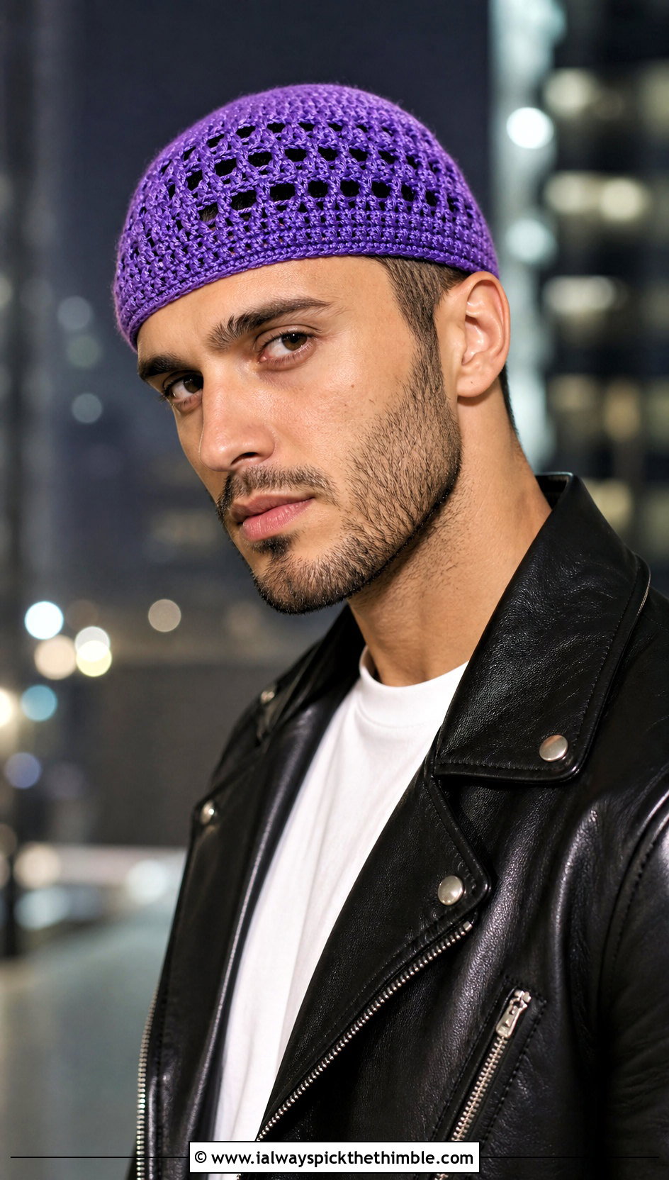 Crochet Skull Cap With Leather Jacket - 25 crochet cap for men outfit ideas