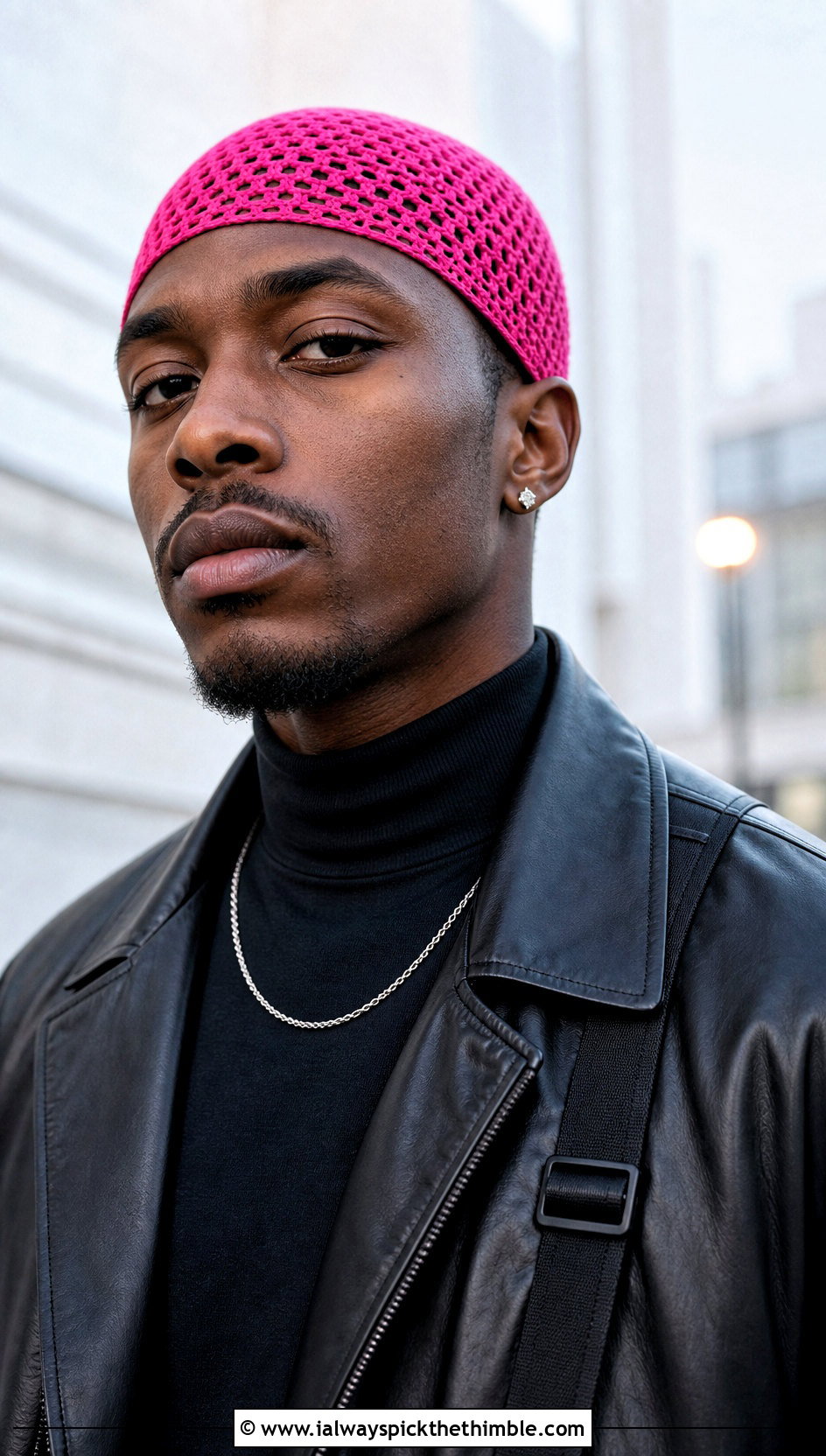 Crochet Skull Cap With Leather Jacket And Black Trousers - 20 men crochet hat outfit ideas
