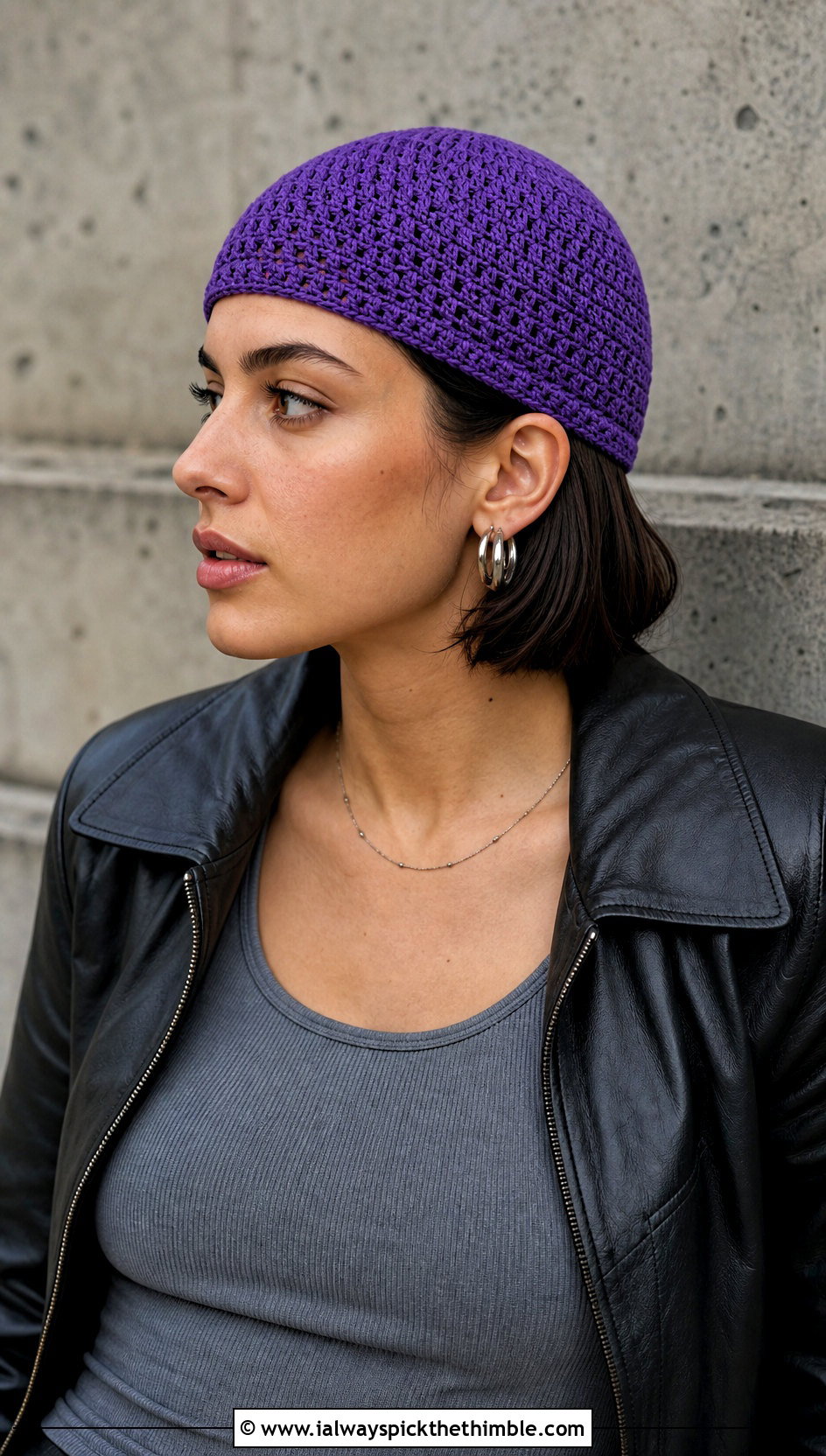 Crochet Skull Cap With Leather Jacket - 20 hats to crochet outfit ideas