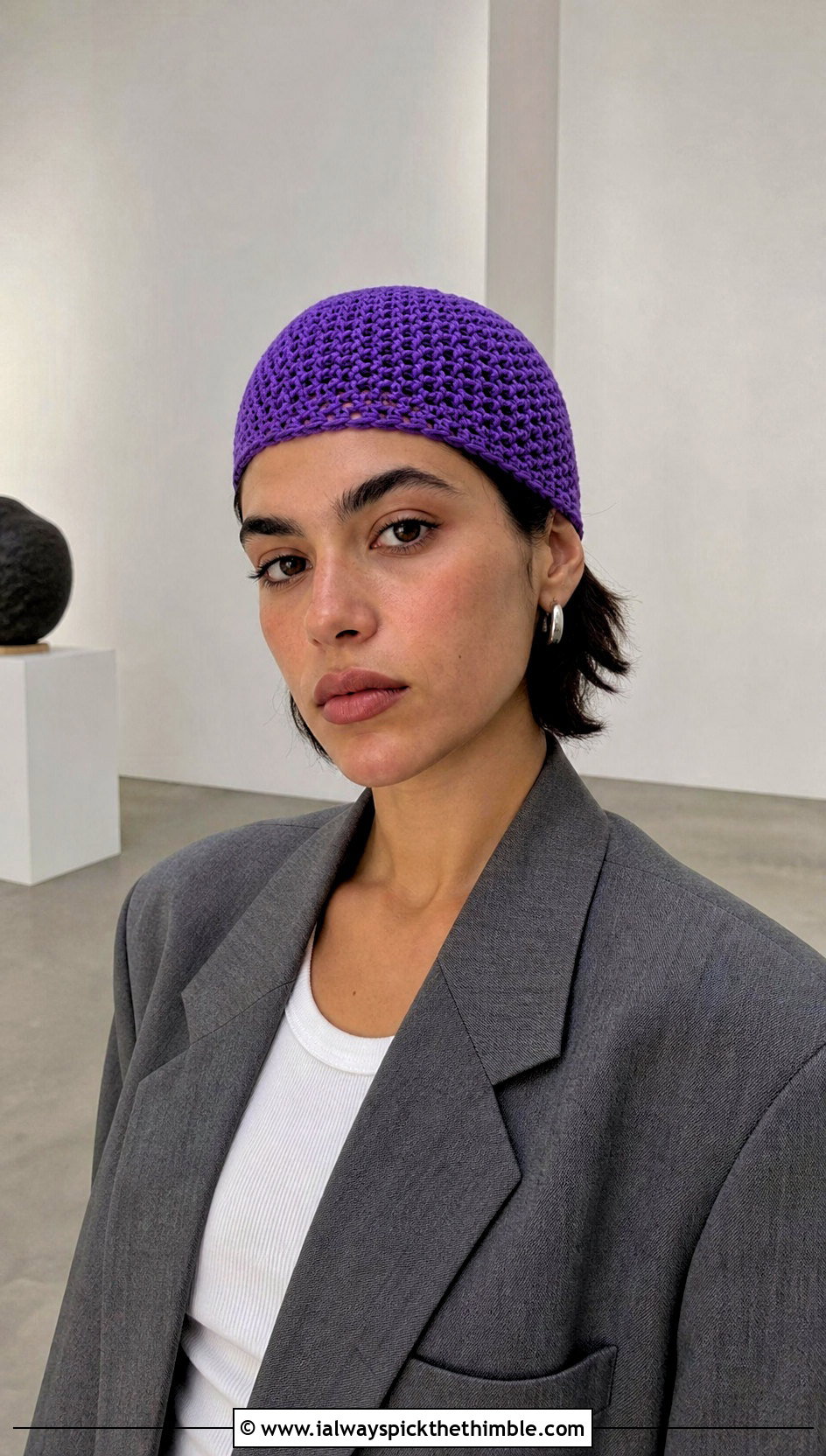 Crochet Skull Cap With Oversized Blazer - 20 Quick Crochet Hats outfit ideas