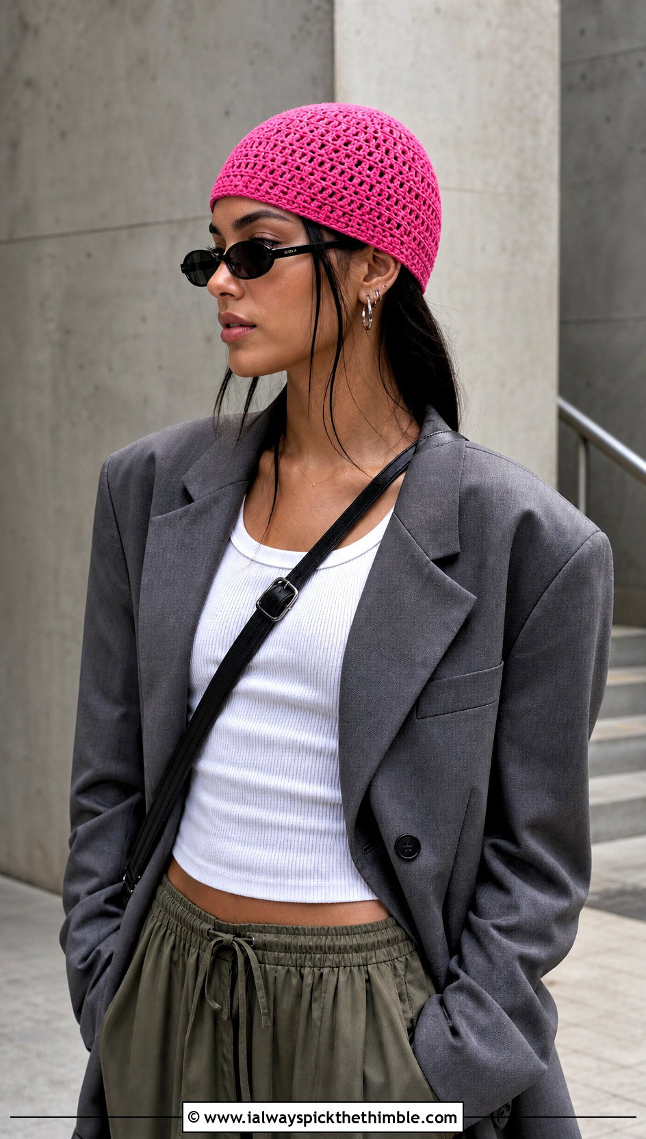 Crochet Skull Cap With Oversized Blazer And Cargo Pants - 20 Best Crochet Hat outfit ideas