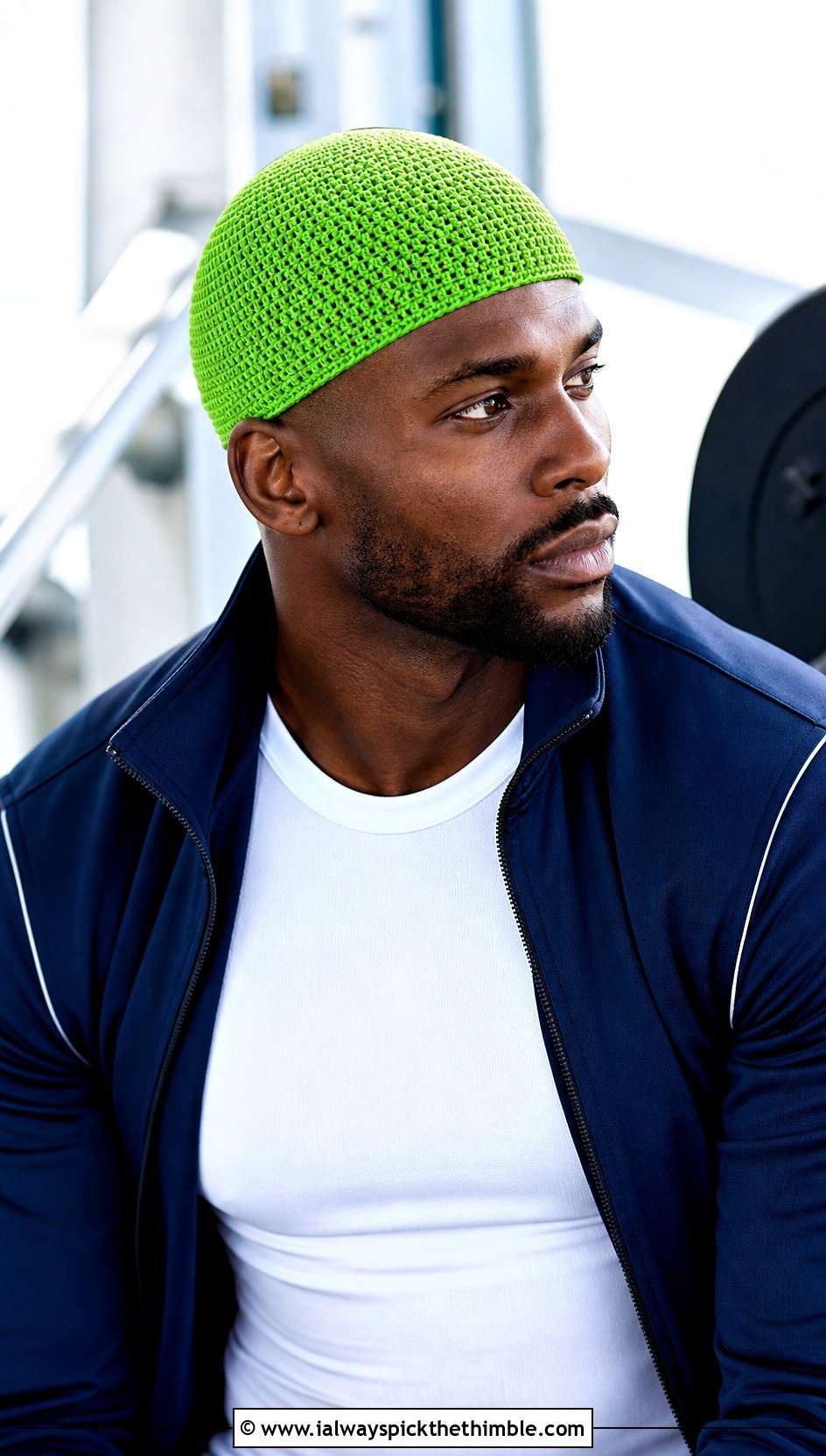 Crochet Skull Cap With Track Jacket - 25 men's crochet beanie outfit ideas