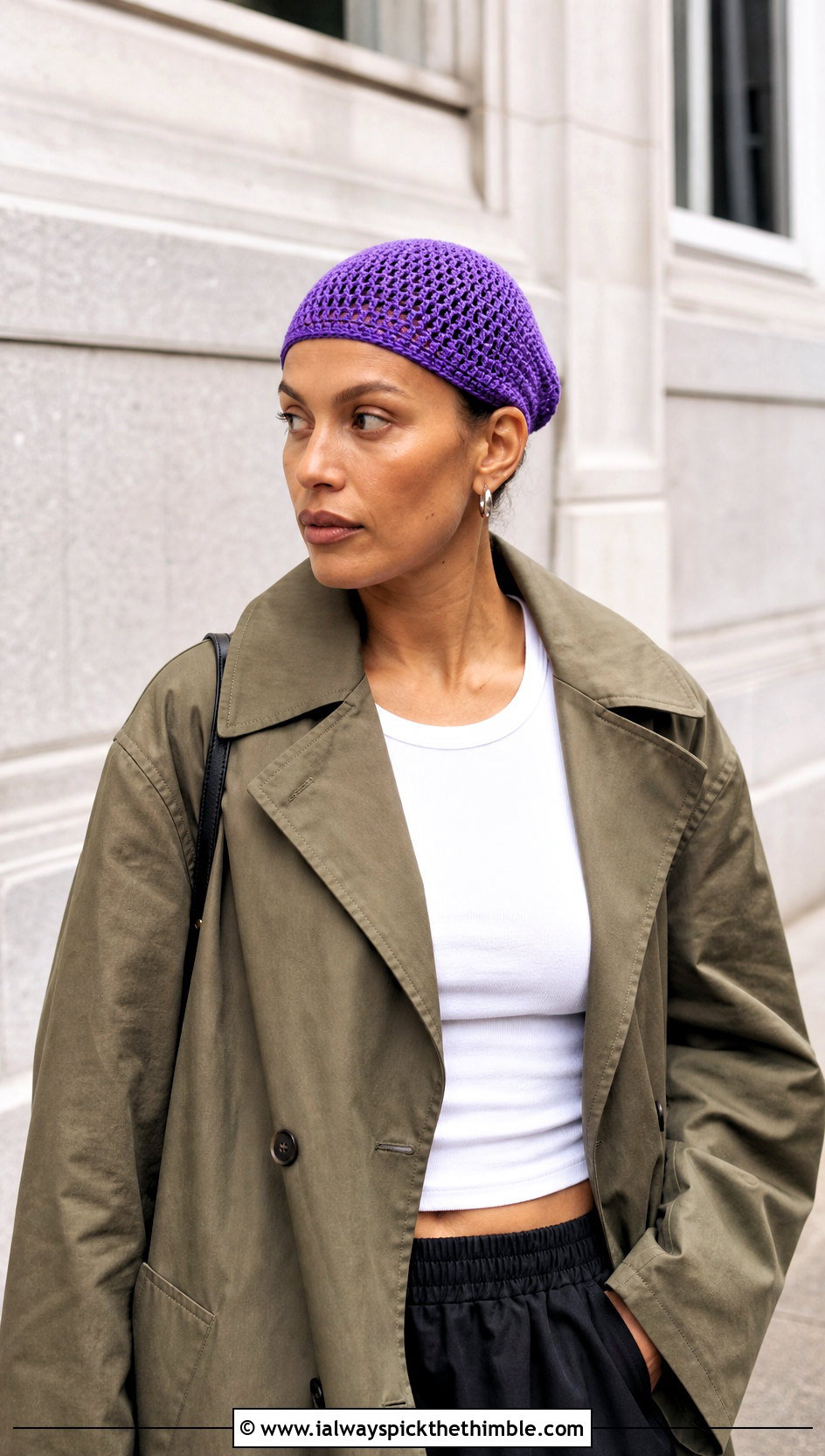 Crochet Skull Cap With Trench Coat And Baggy Pants - 25 cute crochet hat outfit ideas