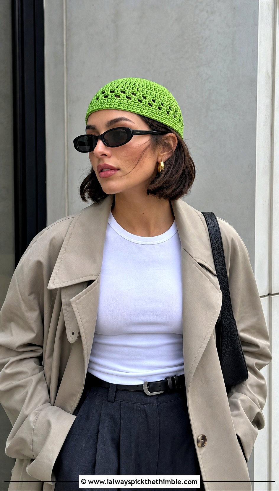 Crochet Skull Cap With Trench Coat And Baggy Trousers - 20 beginner crochet hat outfit ideas