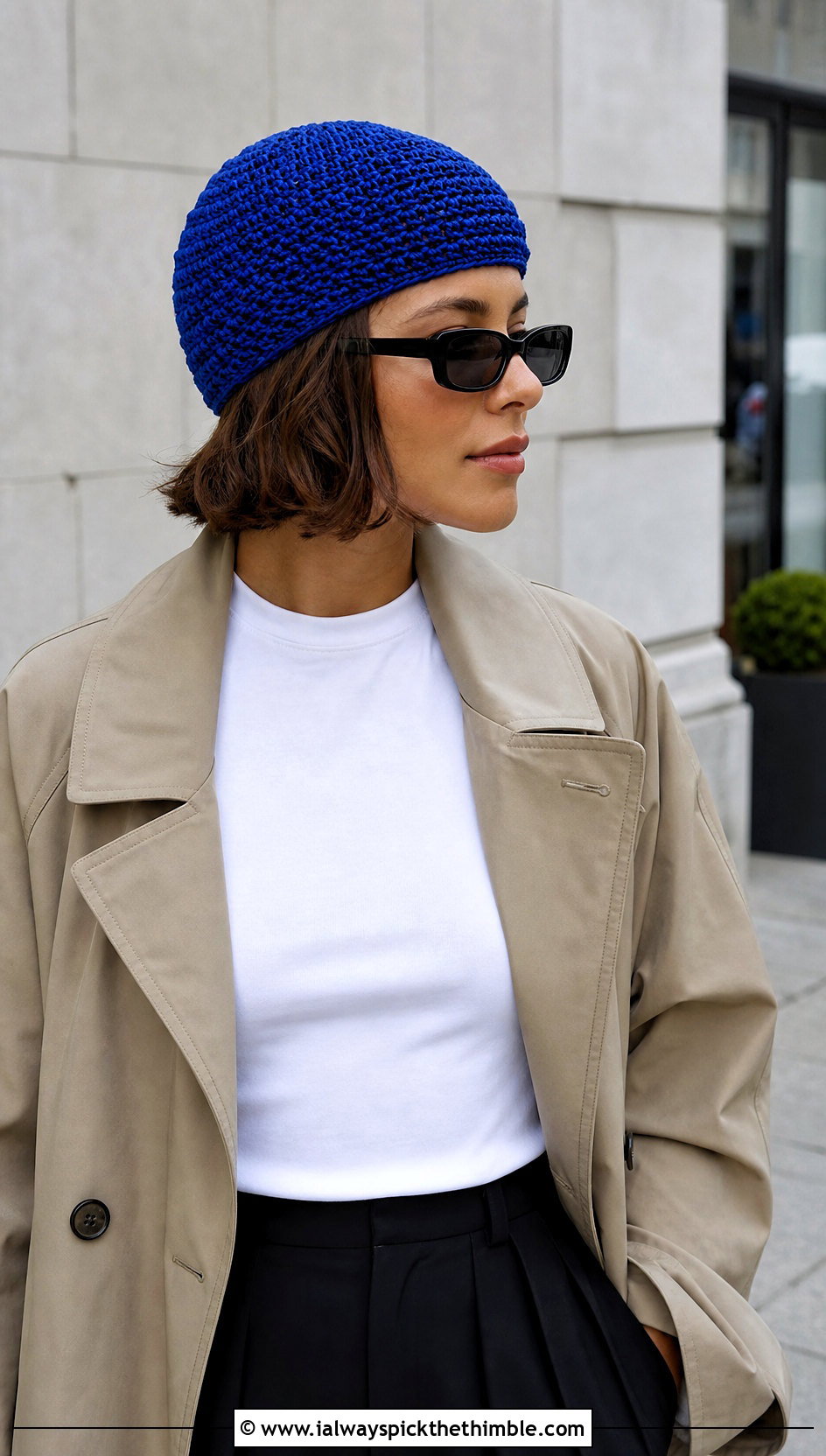 Crochet Skull Cap With Trench Coat and Wide Leg Pants - 25 crochet adult hats outfit ideas