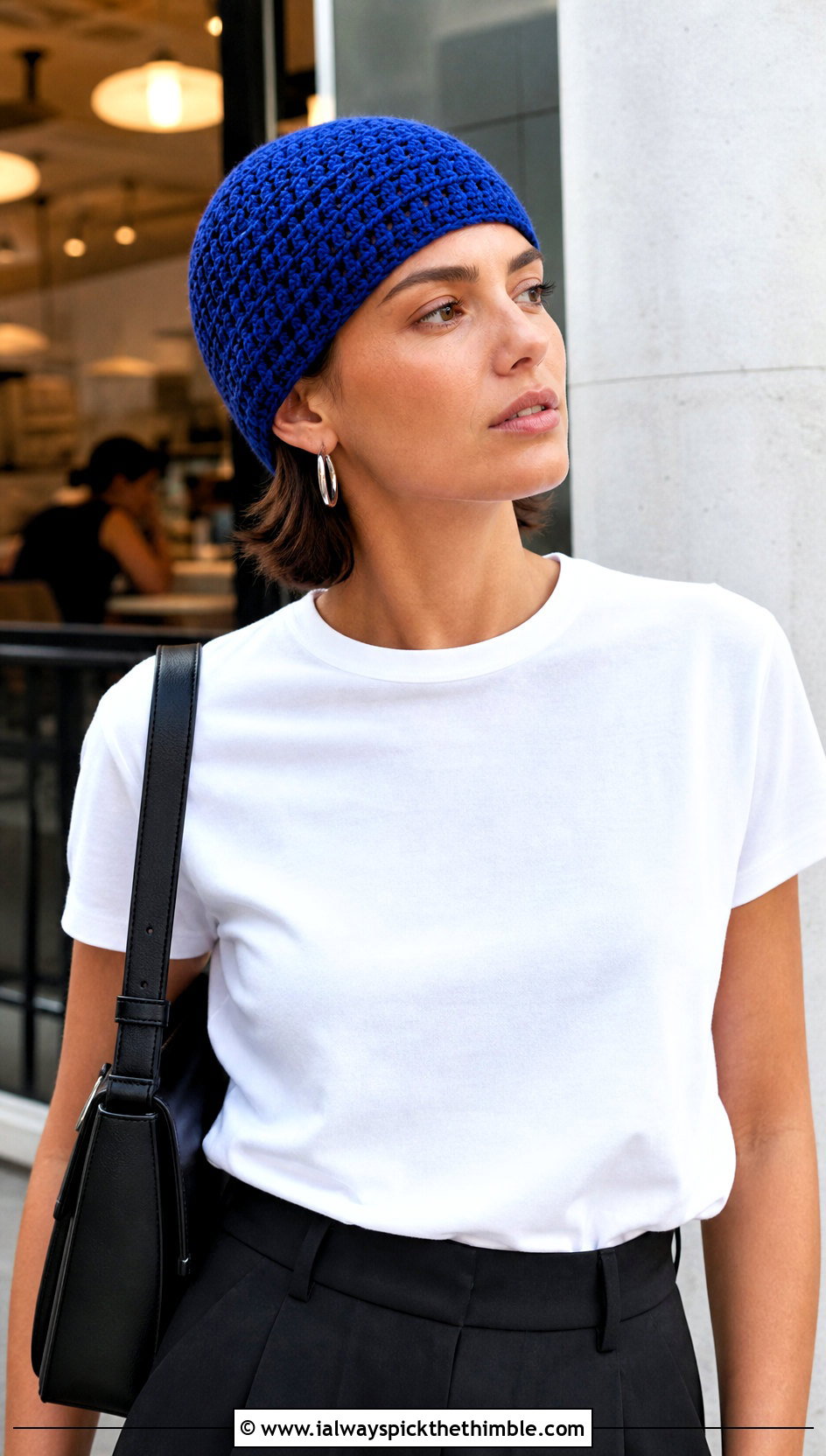 Crochet Skull Cap With White T Shirt And Black Trousers - 20 flat crochet hat outfit ideas