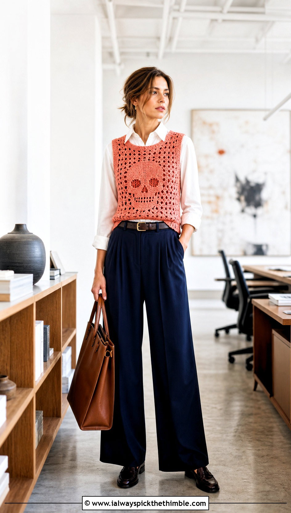 Crochet Skull Sweater Vest With Pleated Trousers - 25 crochet skull sweater outfit ideas