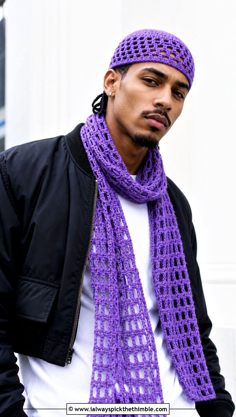 Crochet Skullcap And Mesh Scarf With Bomber Jacket - 15 Mens Crochet Hat And Scarf outfit ideas