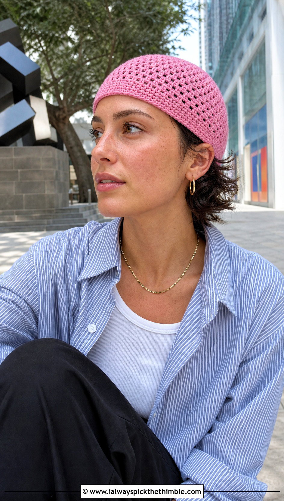 Crochet Skullcap Beanie With Button Down And Capri Pants - 25 easy crochet beanie outfit ideas