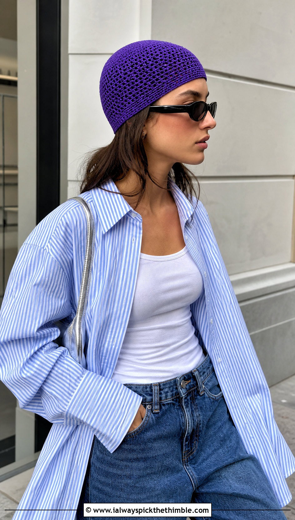Crochet Skullcap Beanie With Oversized Shirt And Wide Leg Jeans - 20 easy crochet beanies outfit ideas