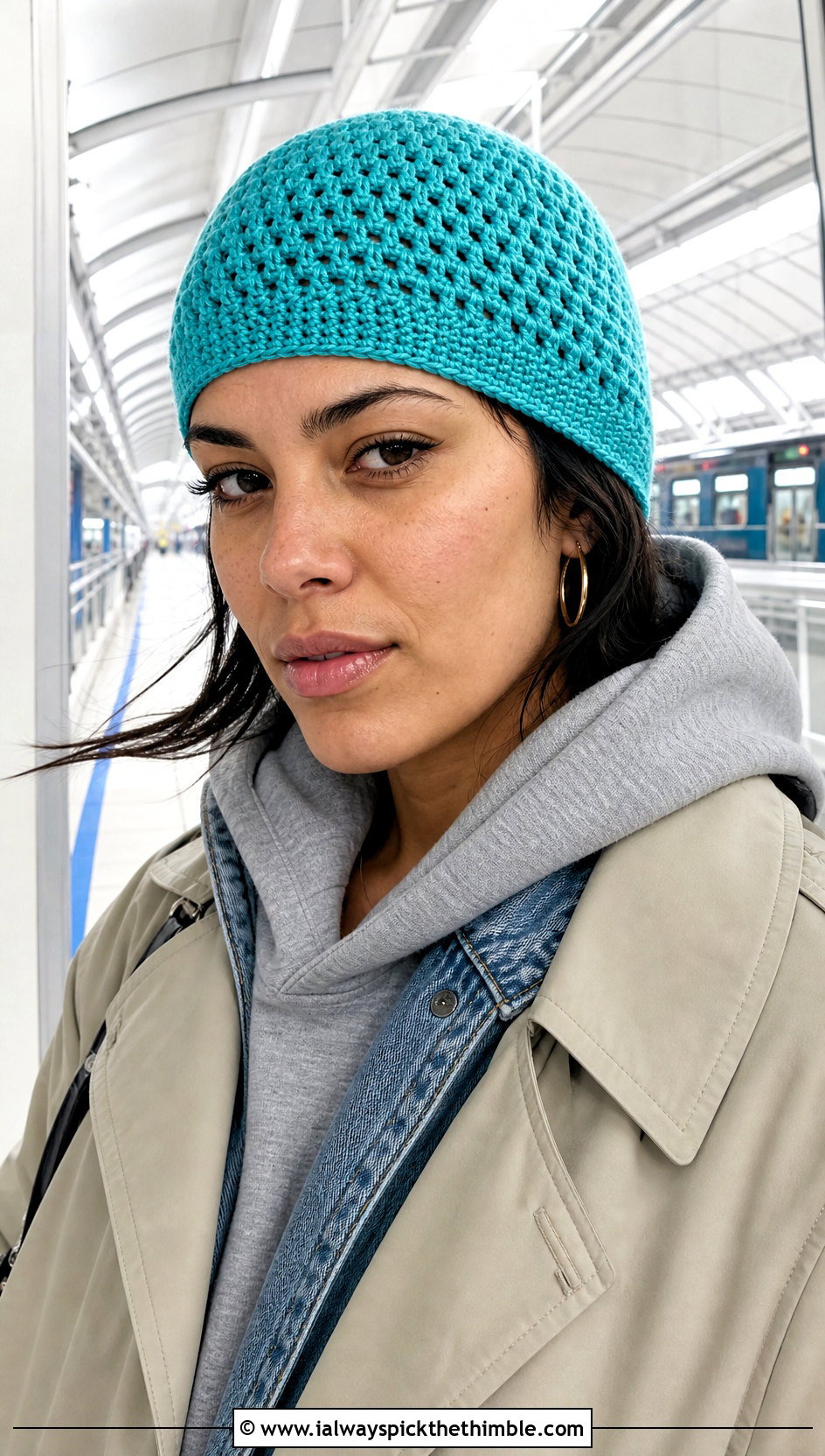 Crochet Skullcap Ski Hat With Trench Coat And Sneakers - 20 crochet ski hat outfit ideas