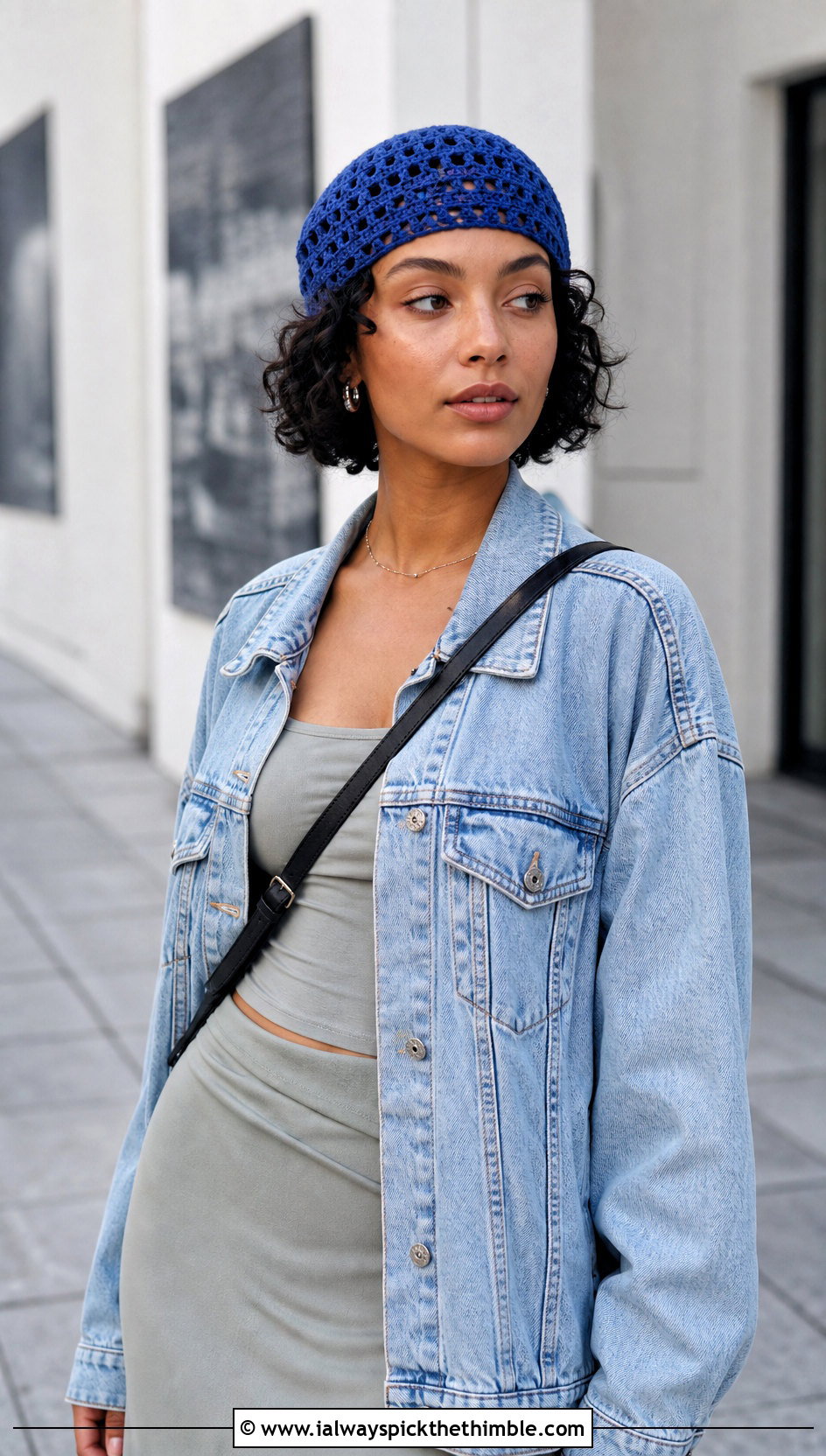 Crochet Skullcap With Denim Jacket And Column Skirt - 15 Ladies Crochet Hat outfit ideas