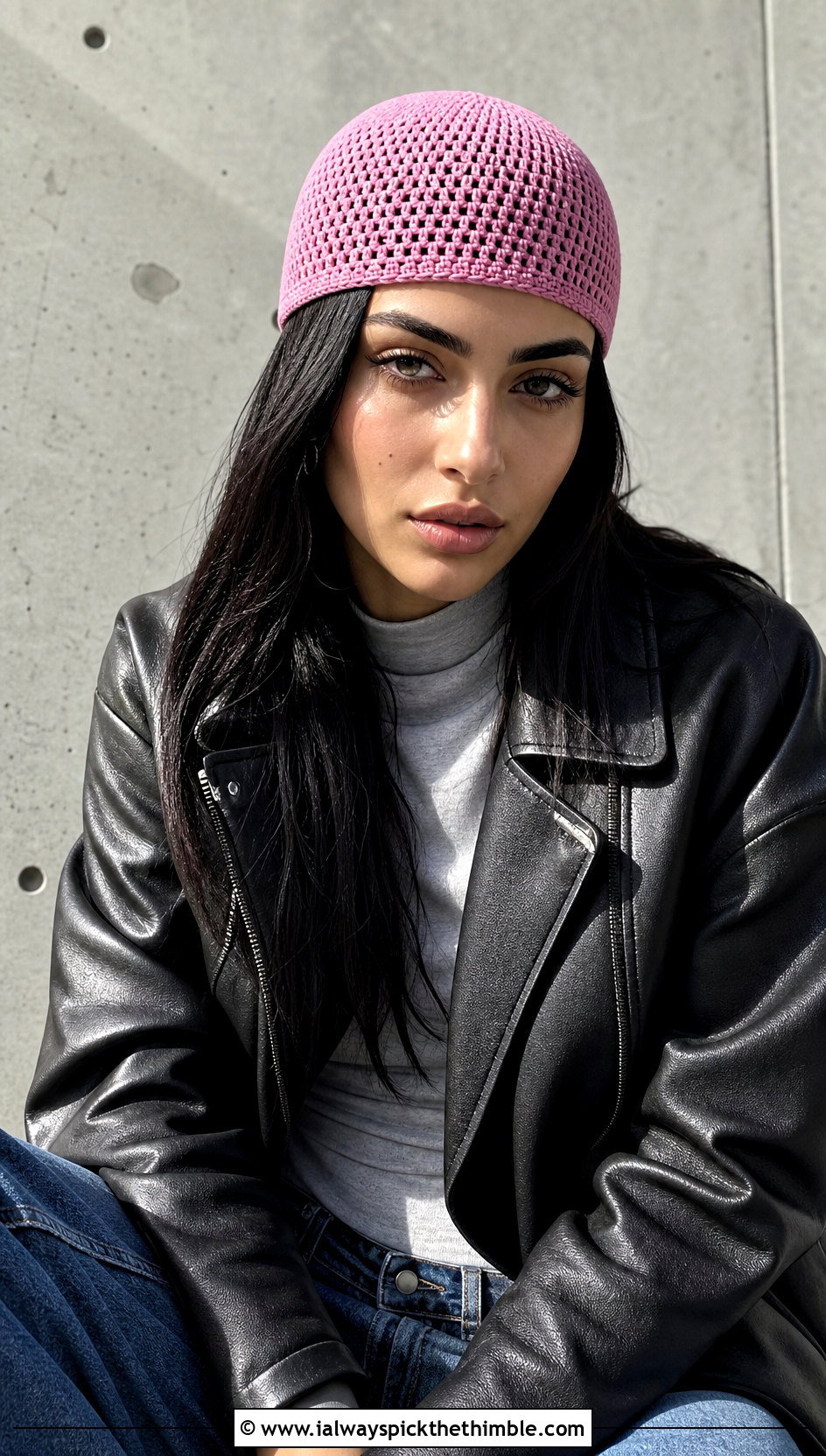 Crochet Skullcap With Leather Jacket And Barrel Jeans - 25 crochet winter hat outfit ideas
