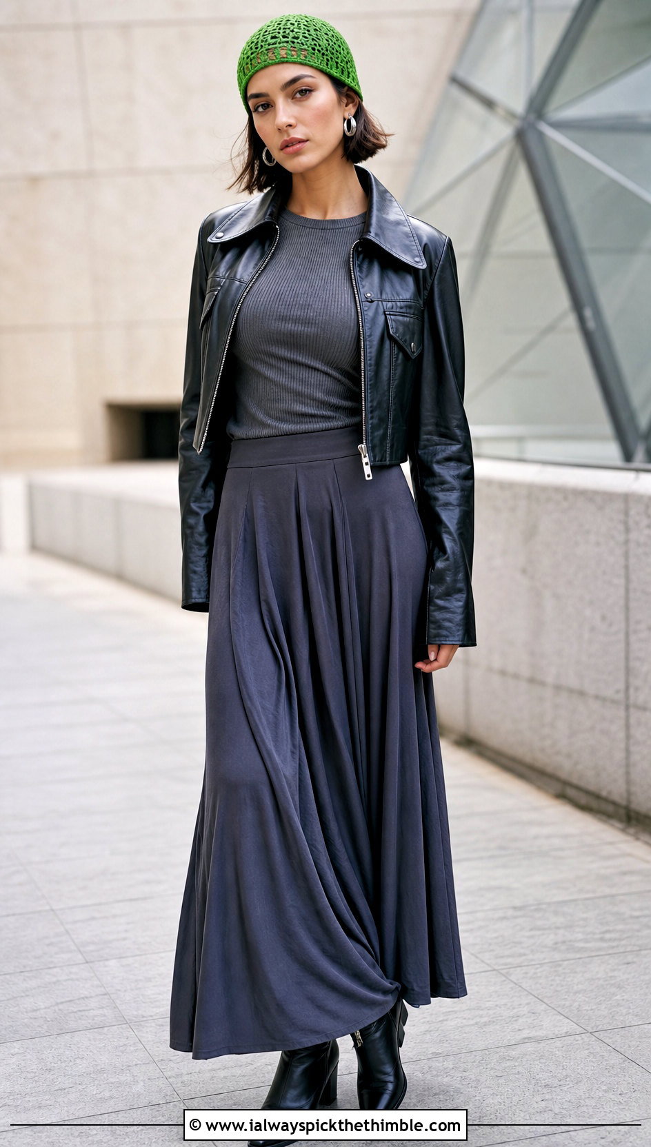 Crochet Skullcap With Leather Jacket And Maxi Skirt - 20 Fancy Crochet Hat outfit ideas