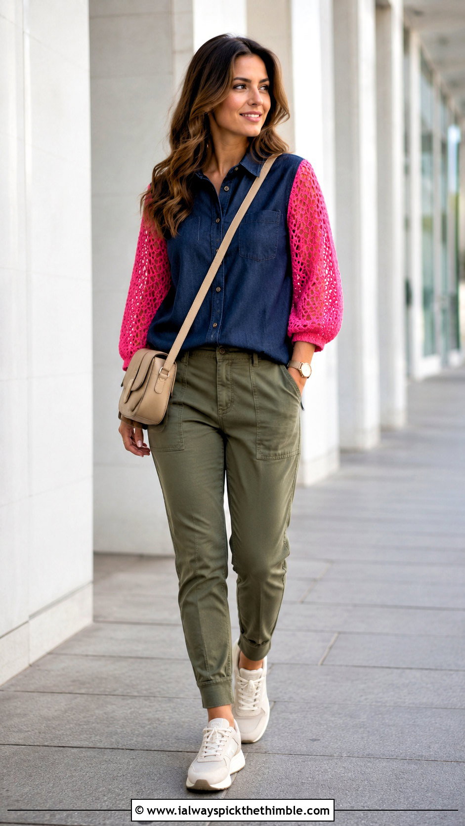 Crochet Sleeve Denim Top With Utility Pants - 20 crochet and fabric top outfit ideas