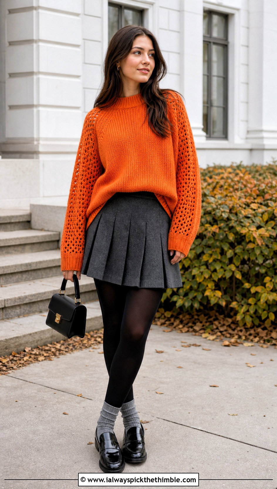Crochet Sleeve Panel Sweater With Pleated Mini Skirt - 20 crochet panel sweater outfit ideas