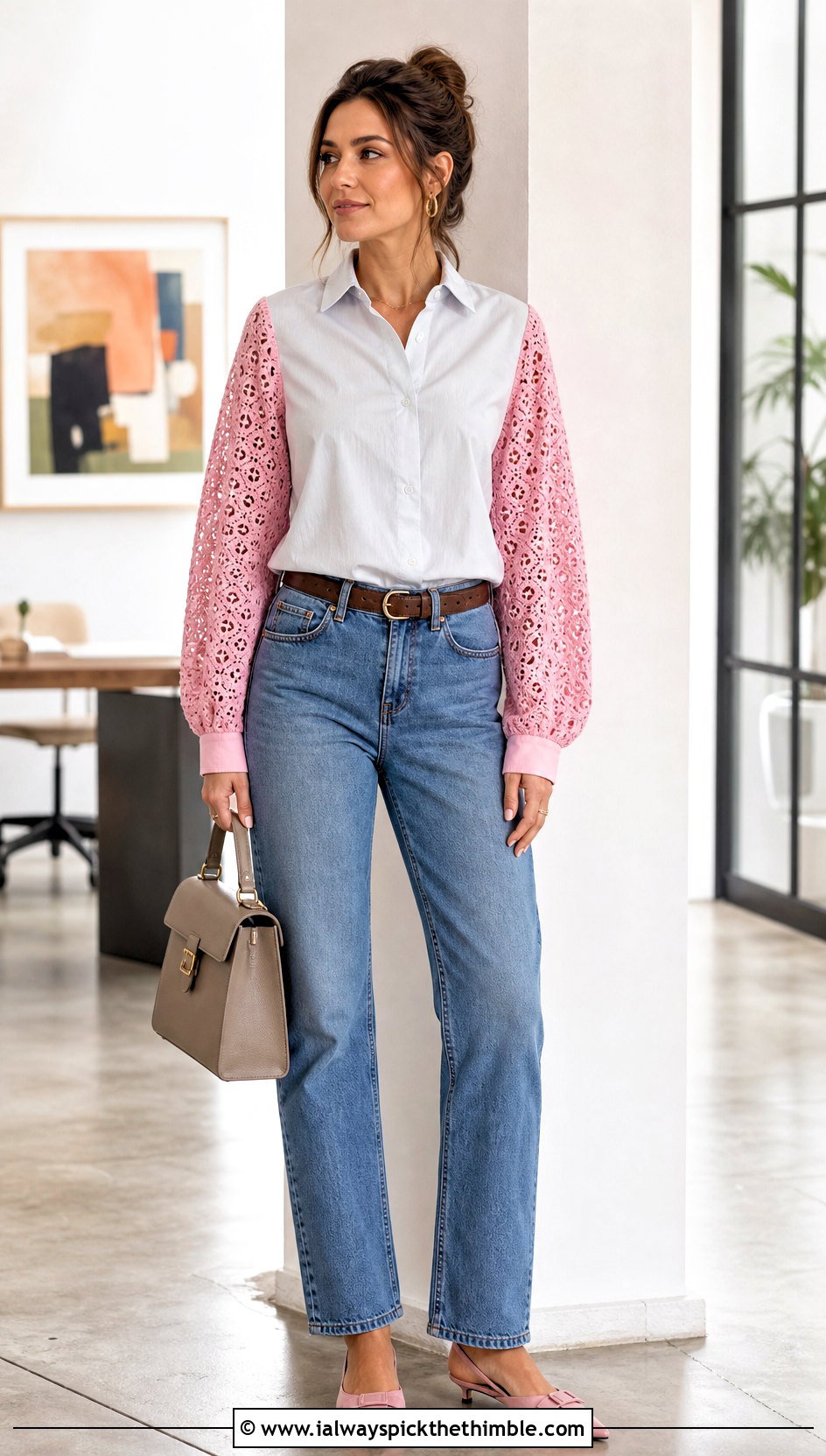 Crochet Sleeve Poplin Shirt With Straight Jeans - 15 Crochet Clothes With Fabric outfit ideas