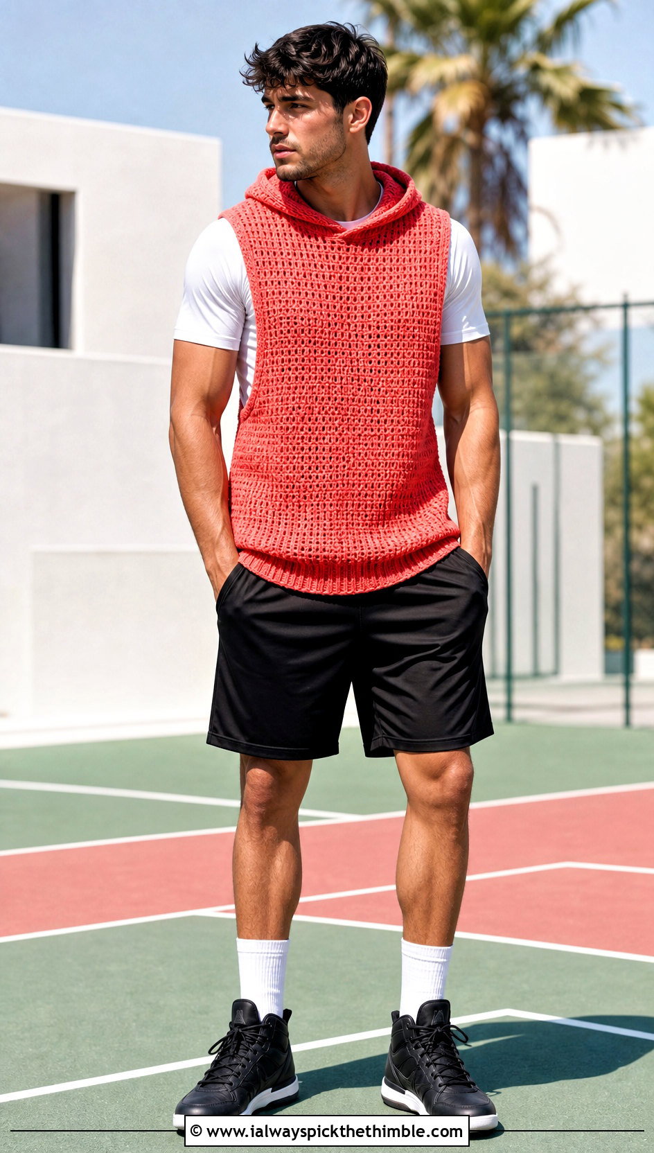 Crochet Sleeveless Hoodie With Basketball Shorts - 25 crochet mens clothes and outfit ideas