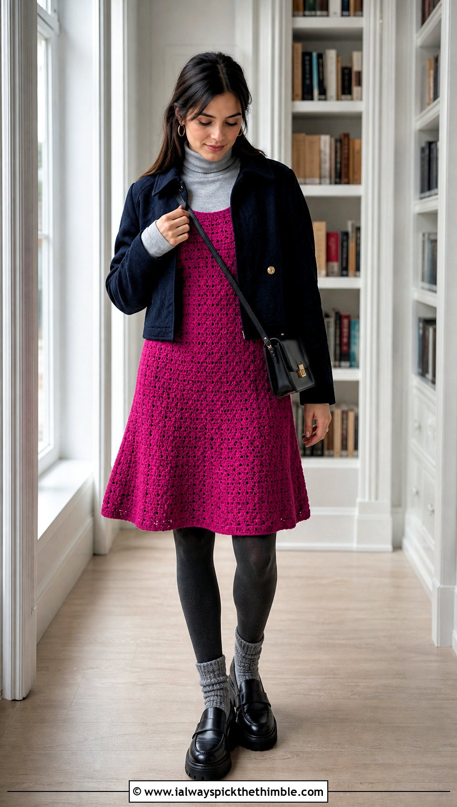 Crochet Sleeveless Jumper Dress With Turtleneck And Loafers - 20 crochet clothes for winter outfit ideas