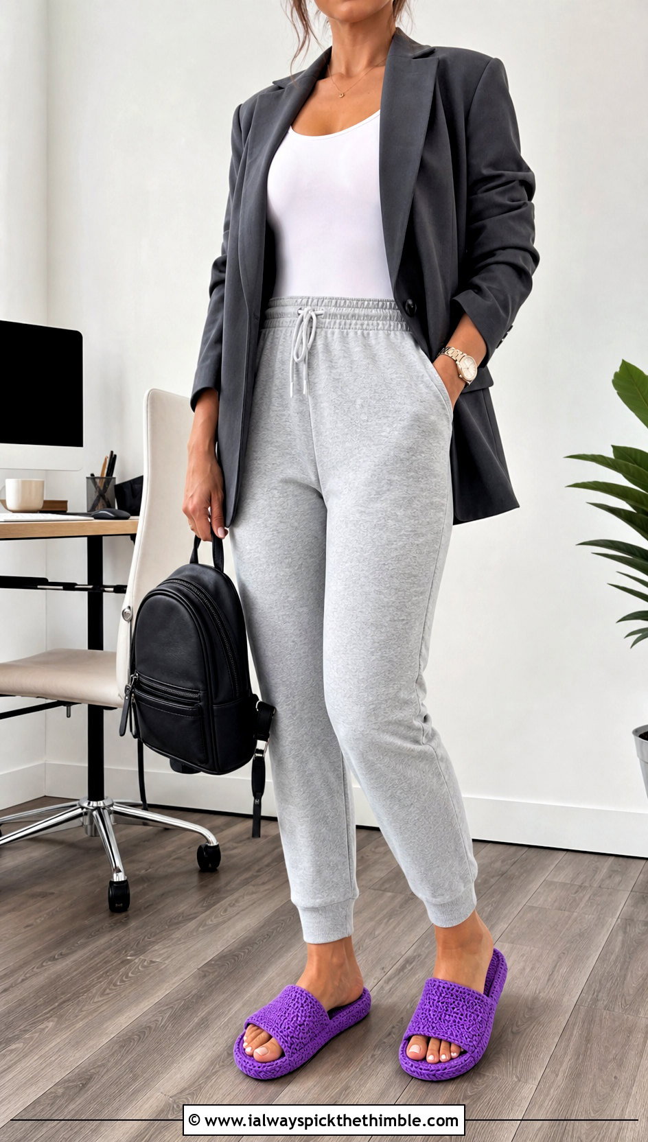 Crochet Slide Slippers With Joggers And Blazer - 20 Women's Crochet Slippers For Women outfit ideas