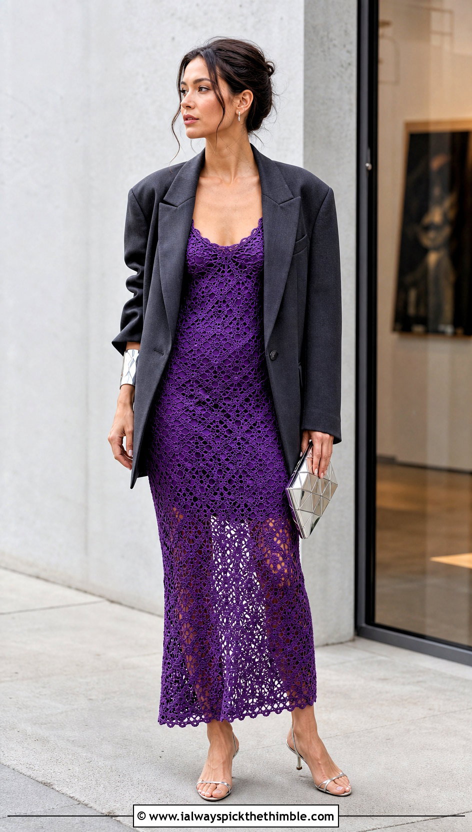 Crochet Slip Dress With Oversized Blazer - 20 Cute Crochet Dress outfit ideas