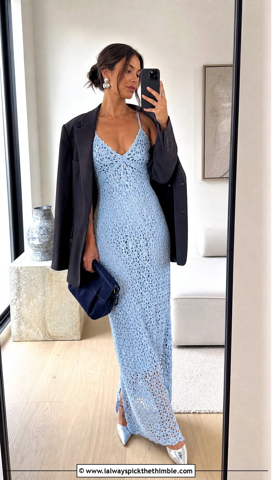 Crochet Slip Dress With Oversized Blazer - 25 Formal Crochet Dress outfit ideas