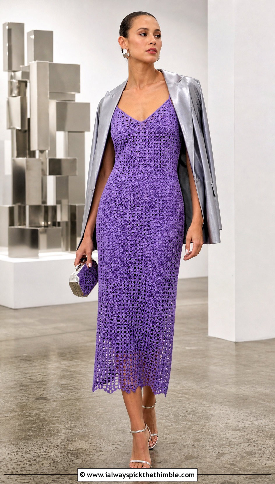 Crochet Slip Dress With Satin Blazer - 15 crocheted dresses for women outfit ideas