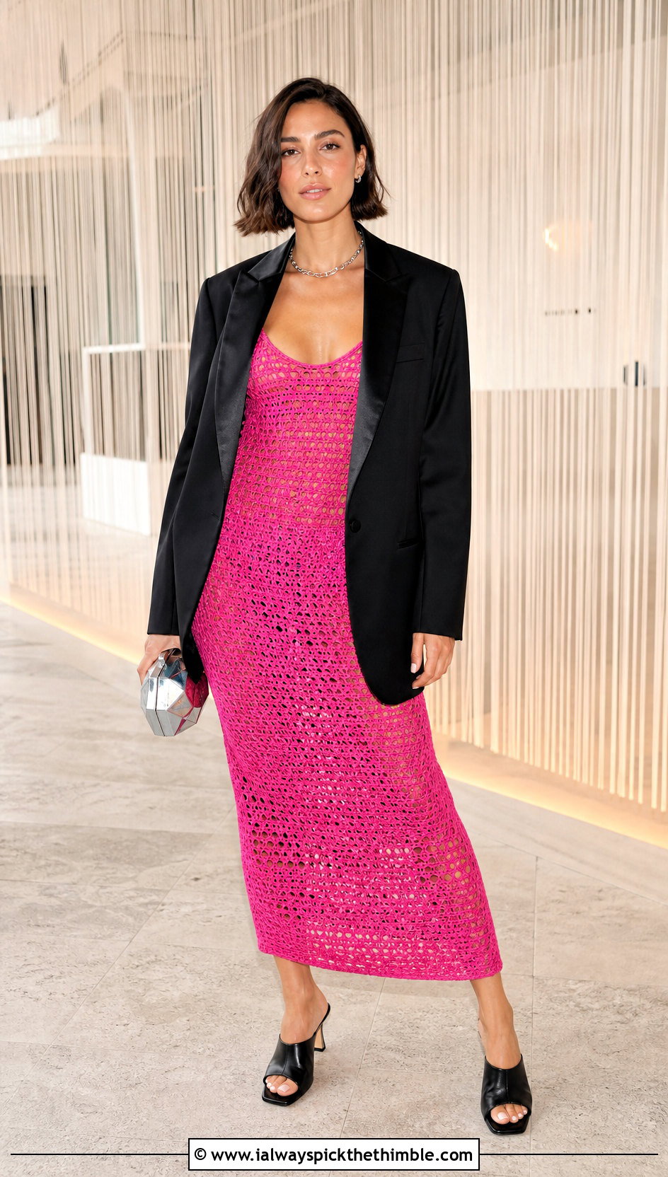 Crochet Slip Dress With Tuxedo Blazer And Mules - 20 crochet fancy dress outfit ideas