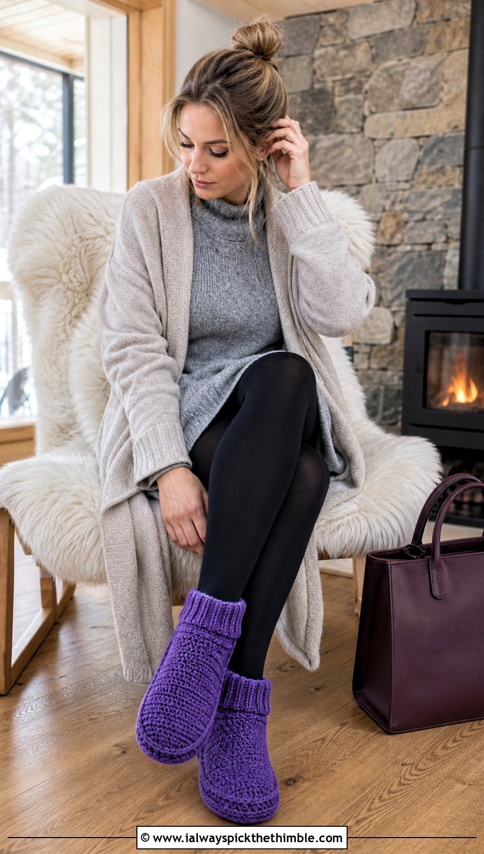 Crochet Slipper Booties With Sweater Dress - 15 Women's Crochet Slippers outfit ideas