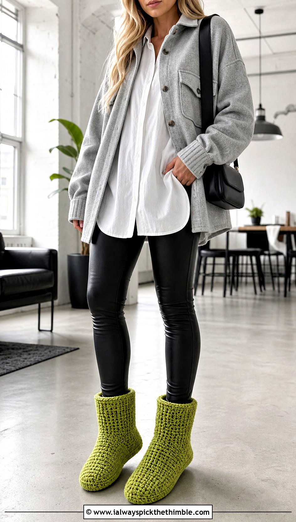Crochet Slipper Boots With Leather Look Leggings - 20 Crochet Slipper Socks outfit ideas